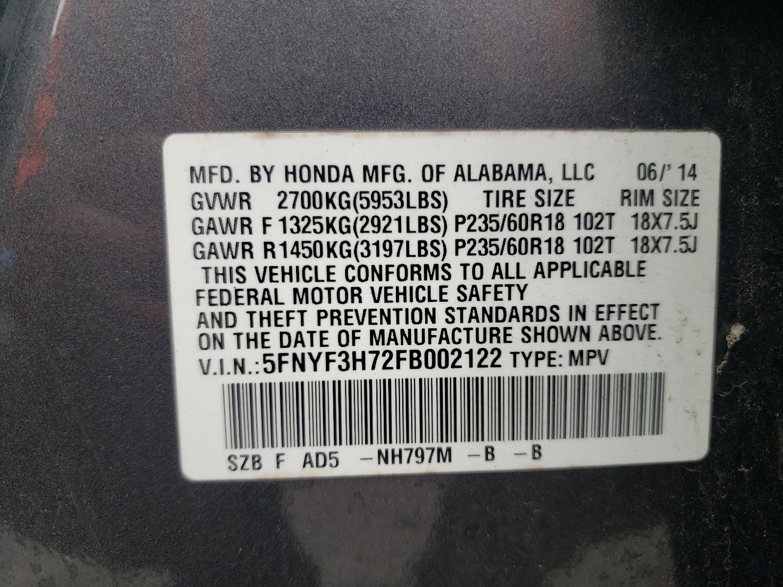 5FNYF3H72FB002122 2015 Honda Pilot Exln