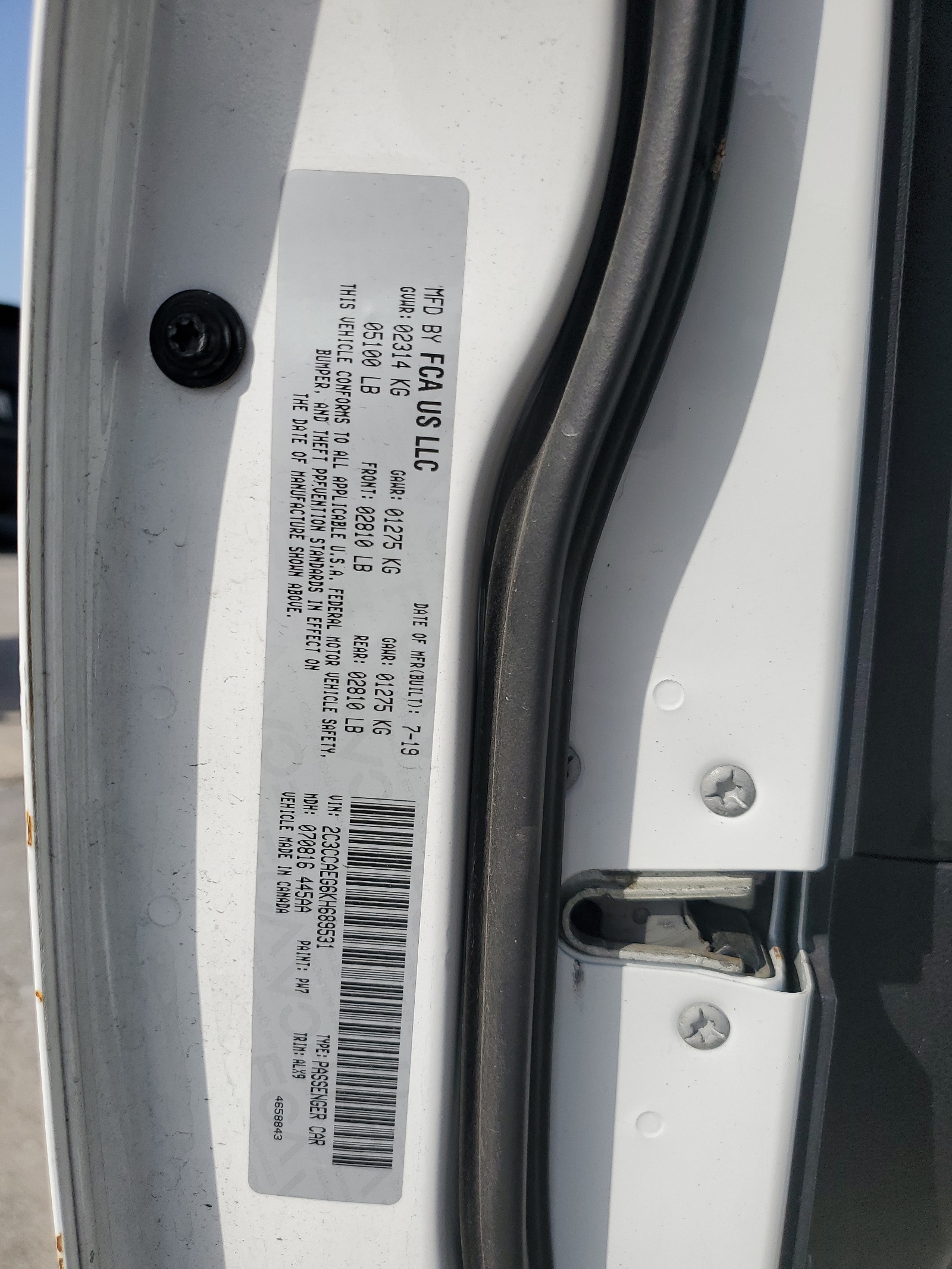 2C3CCAEG6KH689531 2019 Chrysler 300 Limited