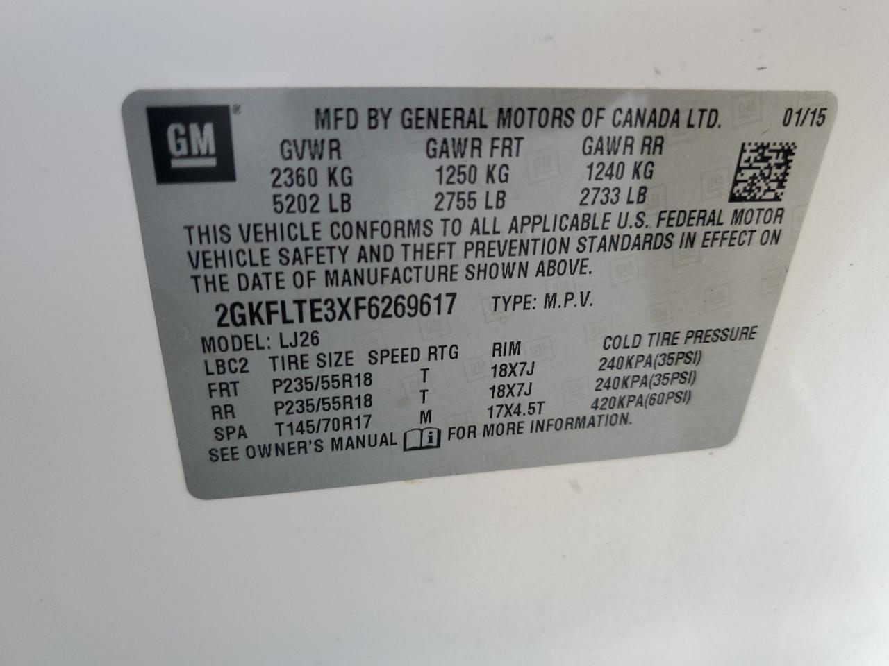 2015 GMC Terrain Slt VIN: 2GKFLTE3XF6269617 Lot: 61658424