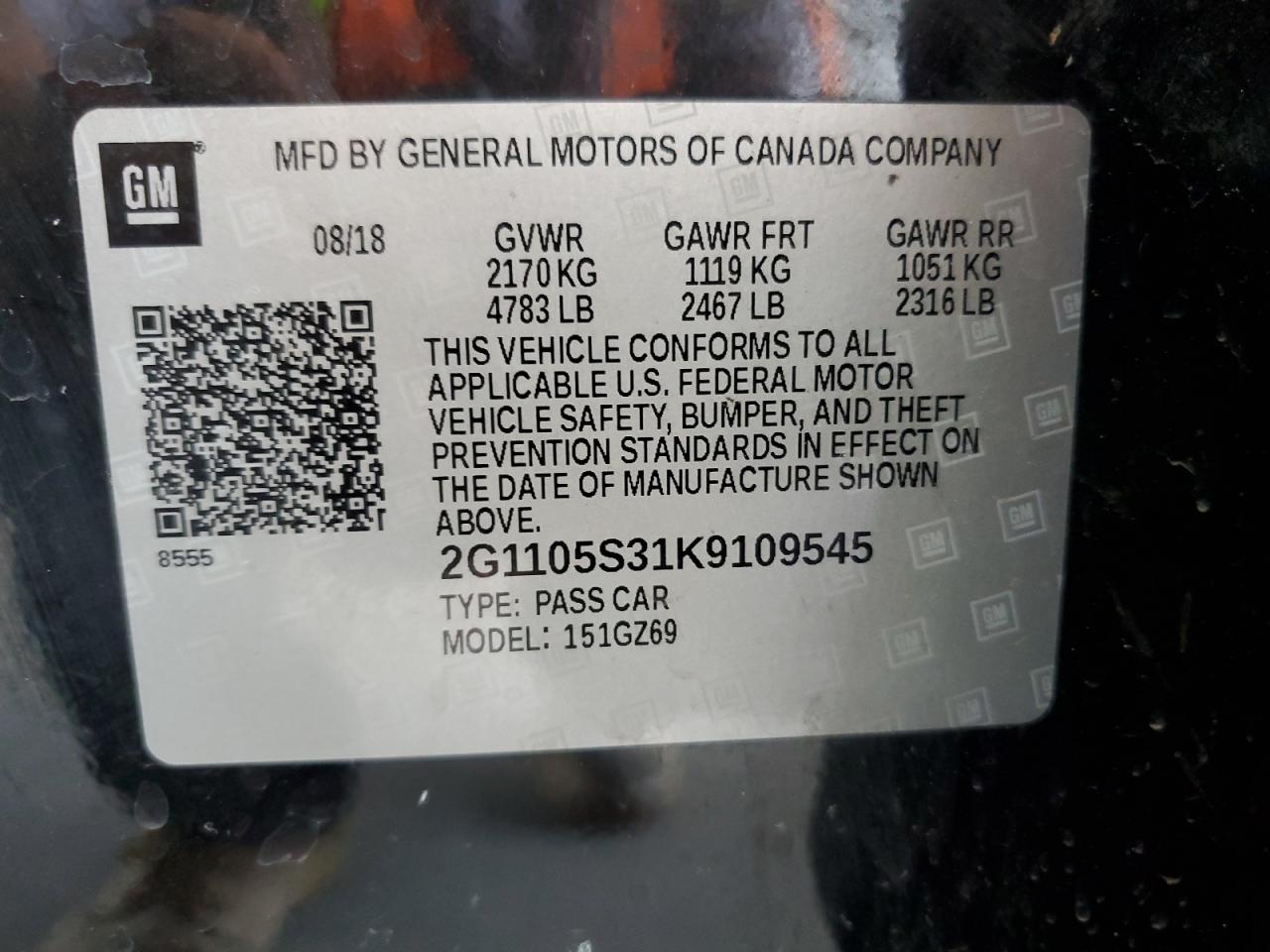 2G1105S31K9109545 2019 Chevrolet Impala Premier