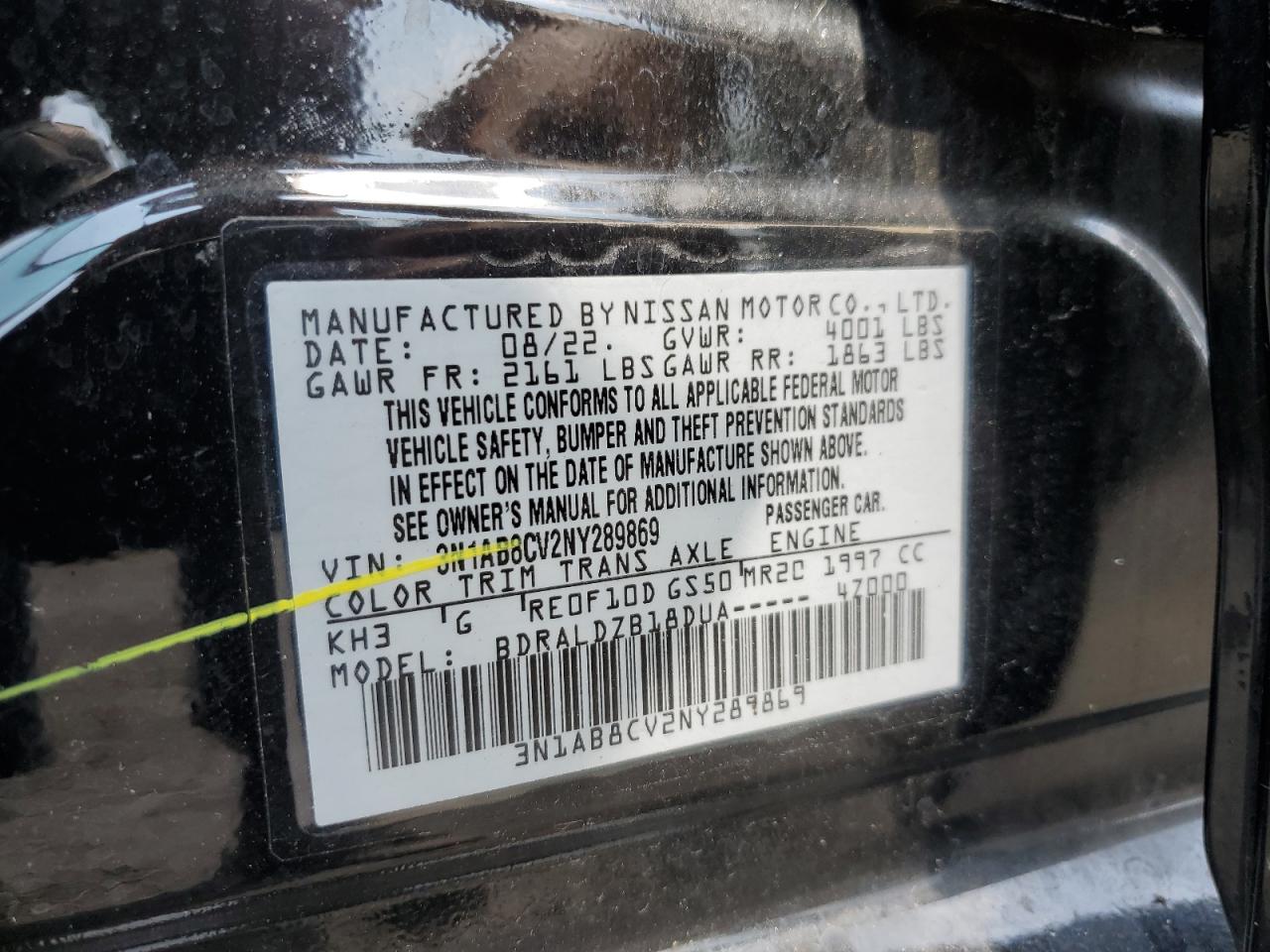 2022 Nissan Sentra Sv VIN: 3N1AB8CV2NY289869 Lot: 65158484