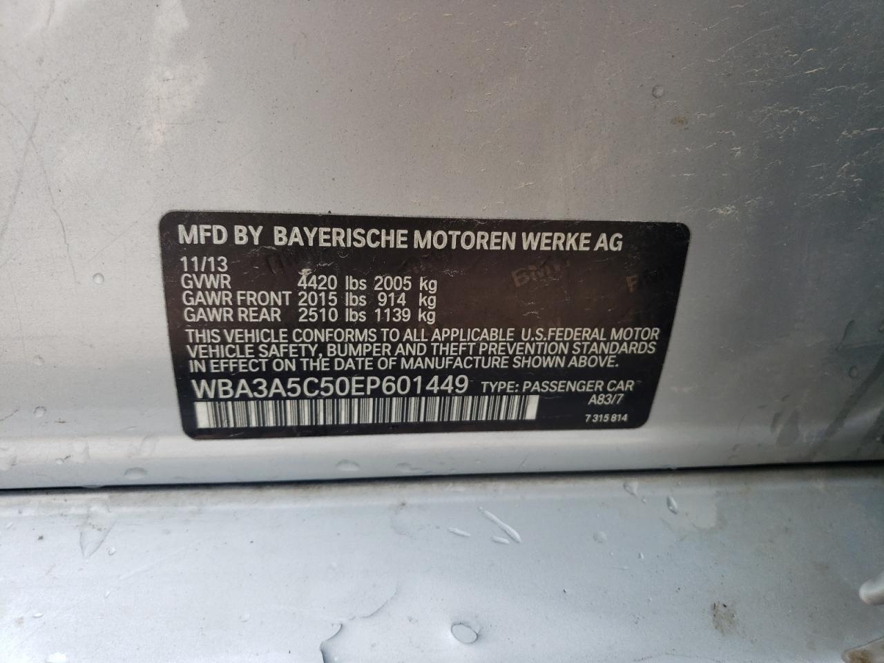 2014 BMW 328 I VIN: WBA3A5C50EP601449 Lot: 64464464