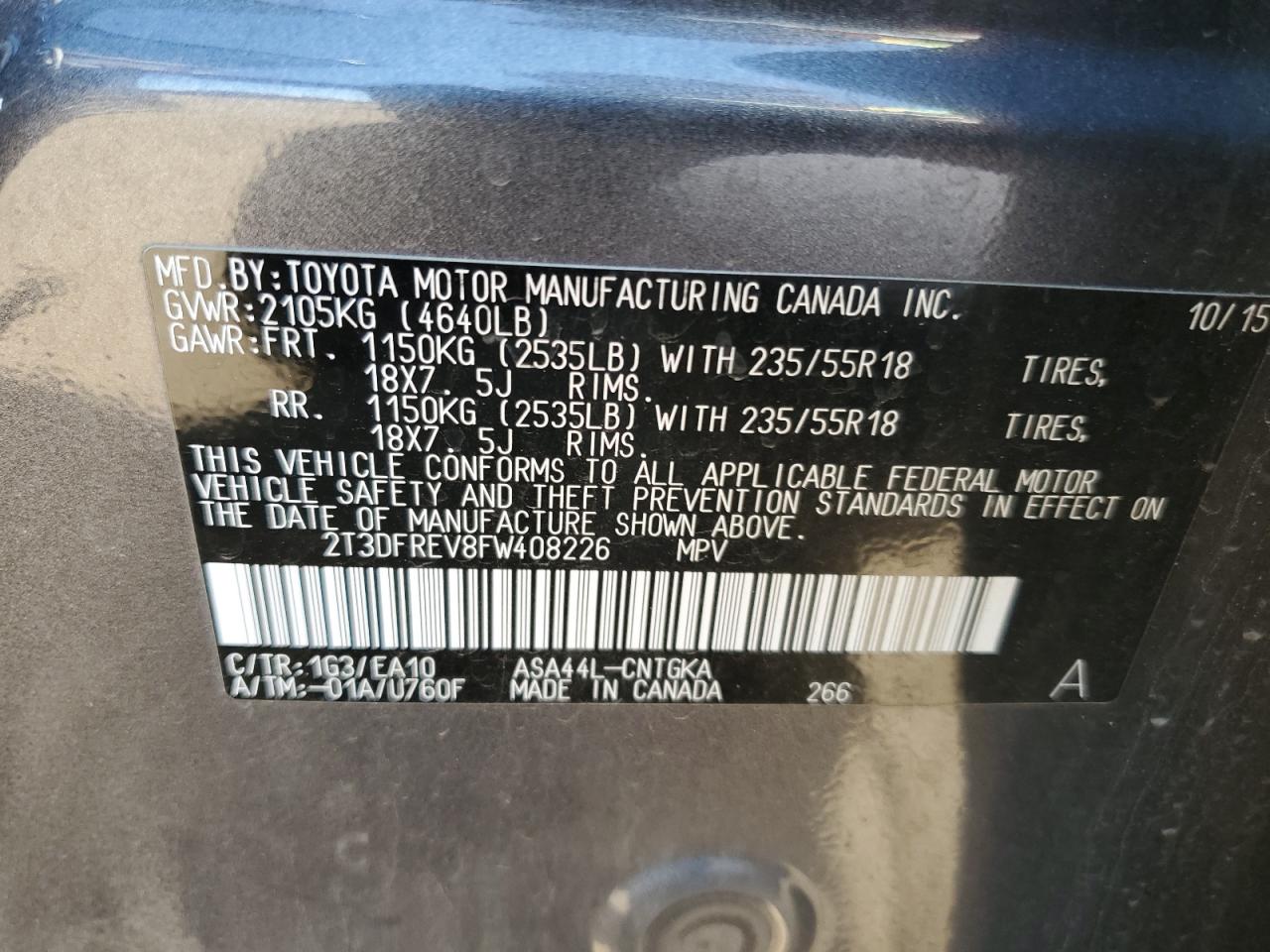 2015 Toyota Rav4 Limited VIN: 2T3DFREV8FW408226 Lot: 61920804