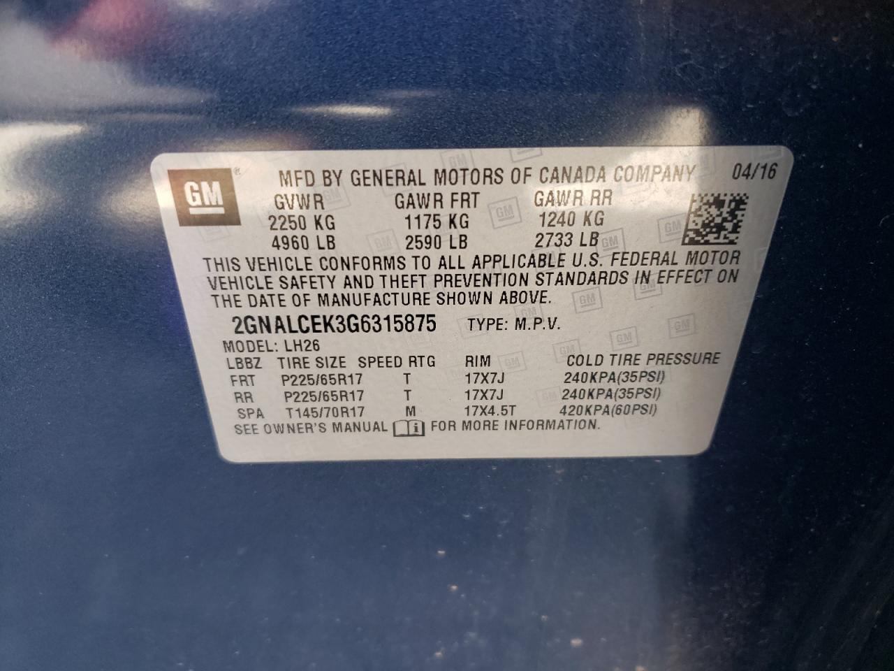 2016 Chevrolet Equinox Lt VIN: 2GNALCEK3G6315875 Lot: 60861144