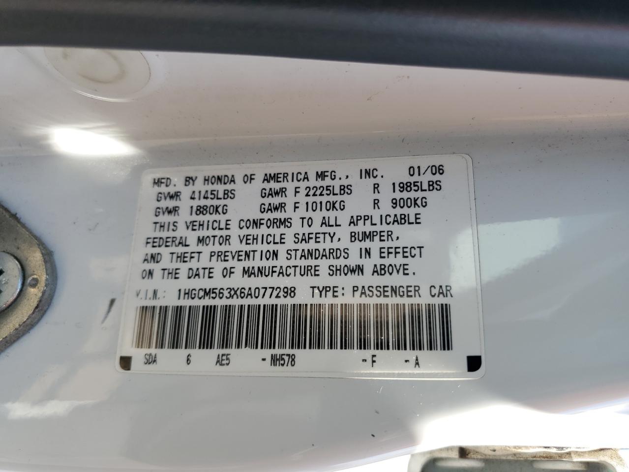 2006 Honda Accord Se VIN: 1HGCM563X6A077298 Lot: 63043474