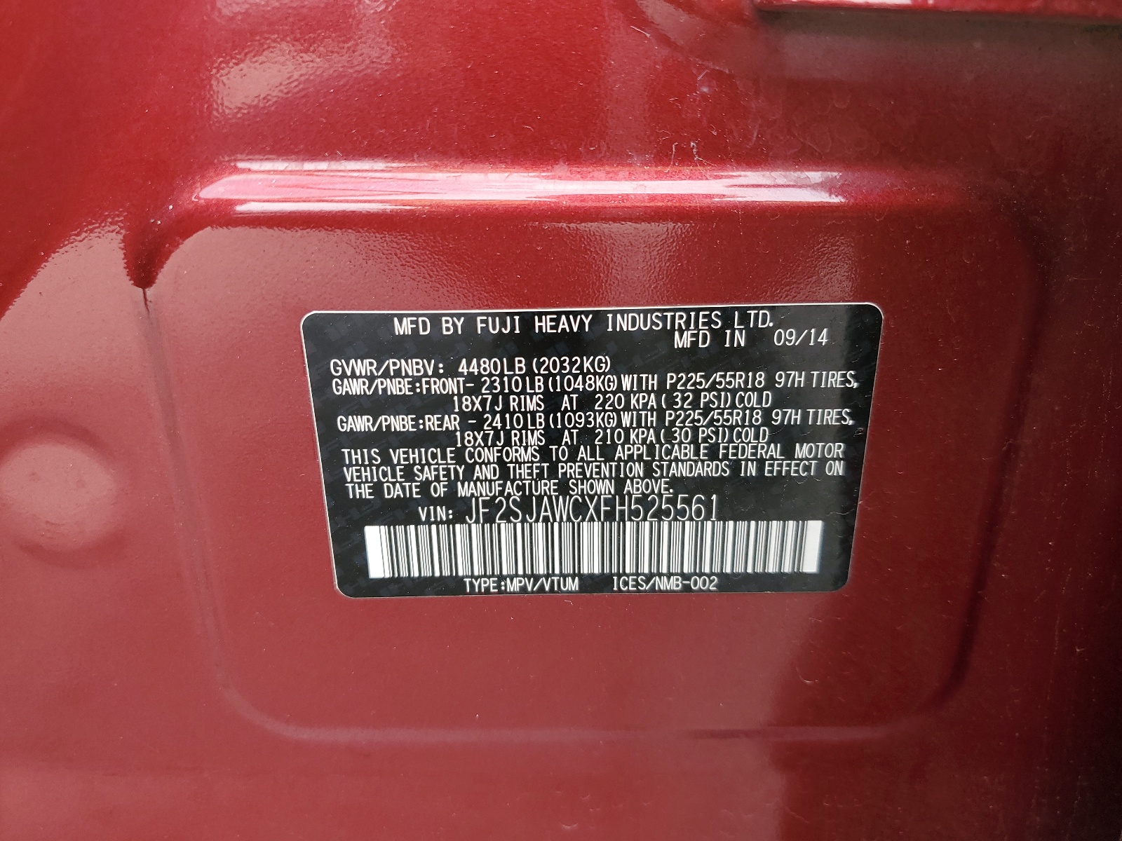 JF2SJAWCXFH525561 2015 Subaru Forester 2.5I Touring