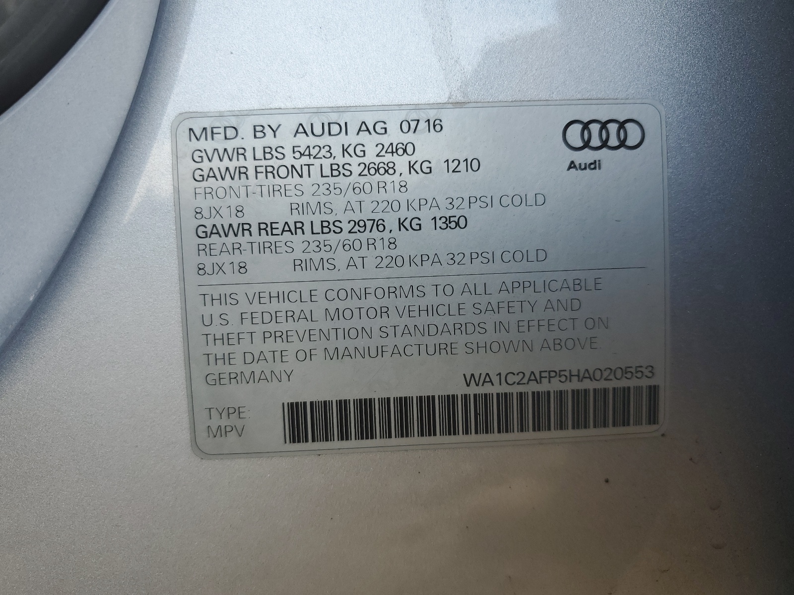 WA1C2AFP5HA020553 2017 Audi Q5 Premium