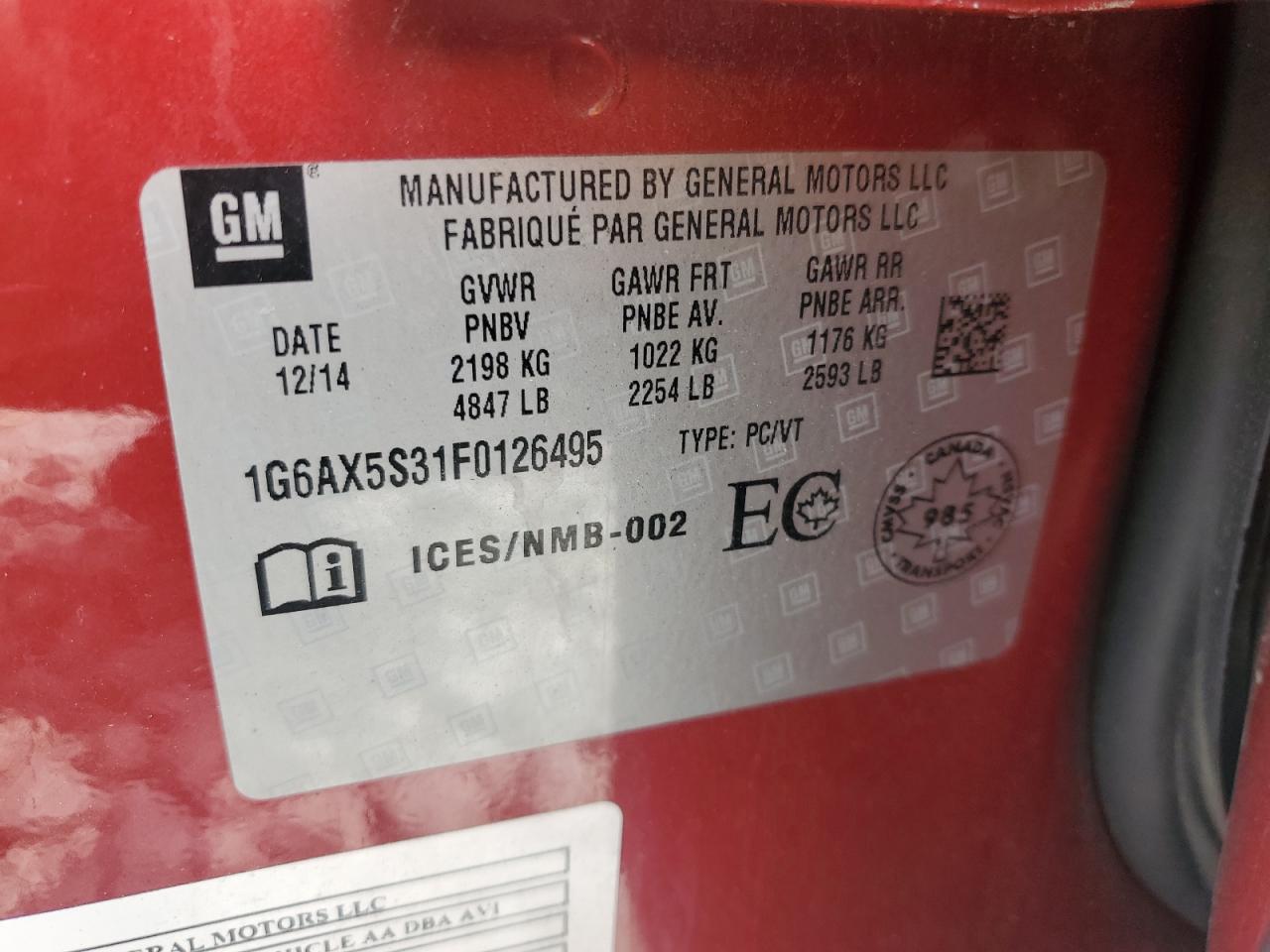 2015 Cadillac Cts Luxury Collection VIN: 1G6AX5S31F0126495 Lot: 65043714