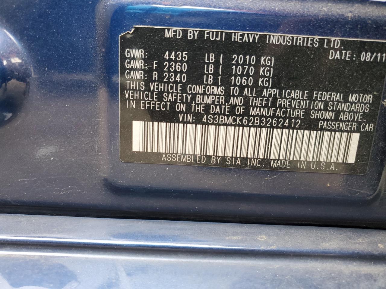2011 Subaru Legacy 2.5I Limited VIN: 4S3BMCK62B3262412 Lot: 62623794