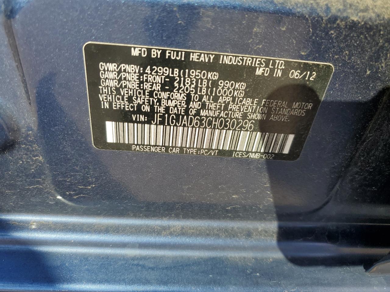 2012 Subaru Impreza Premium VIN: JF1GJAD63CH030296 Lot: 60700594