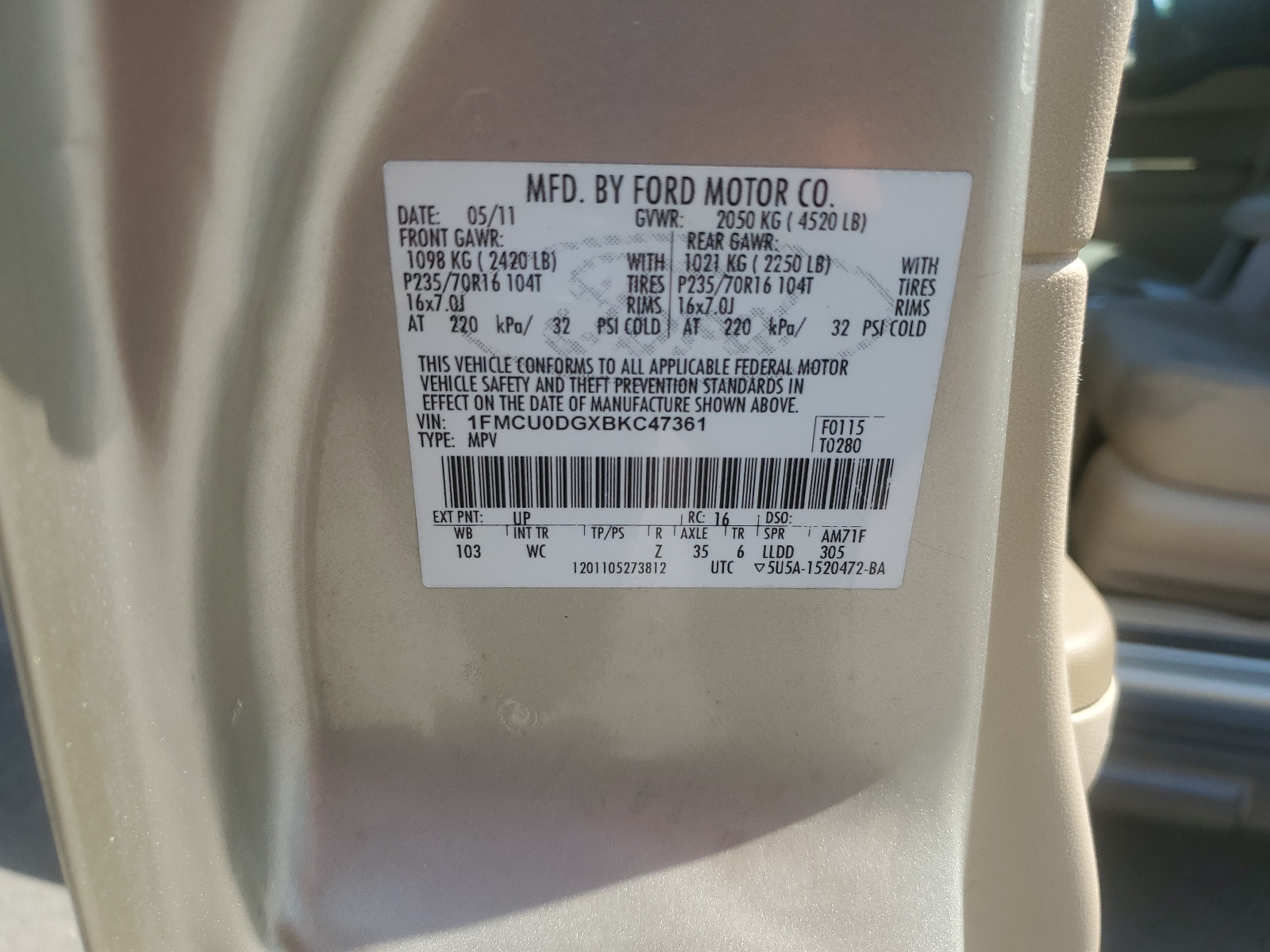 1FMCU0DGXBKC47361 2011 Ford Escape Xlt