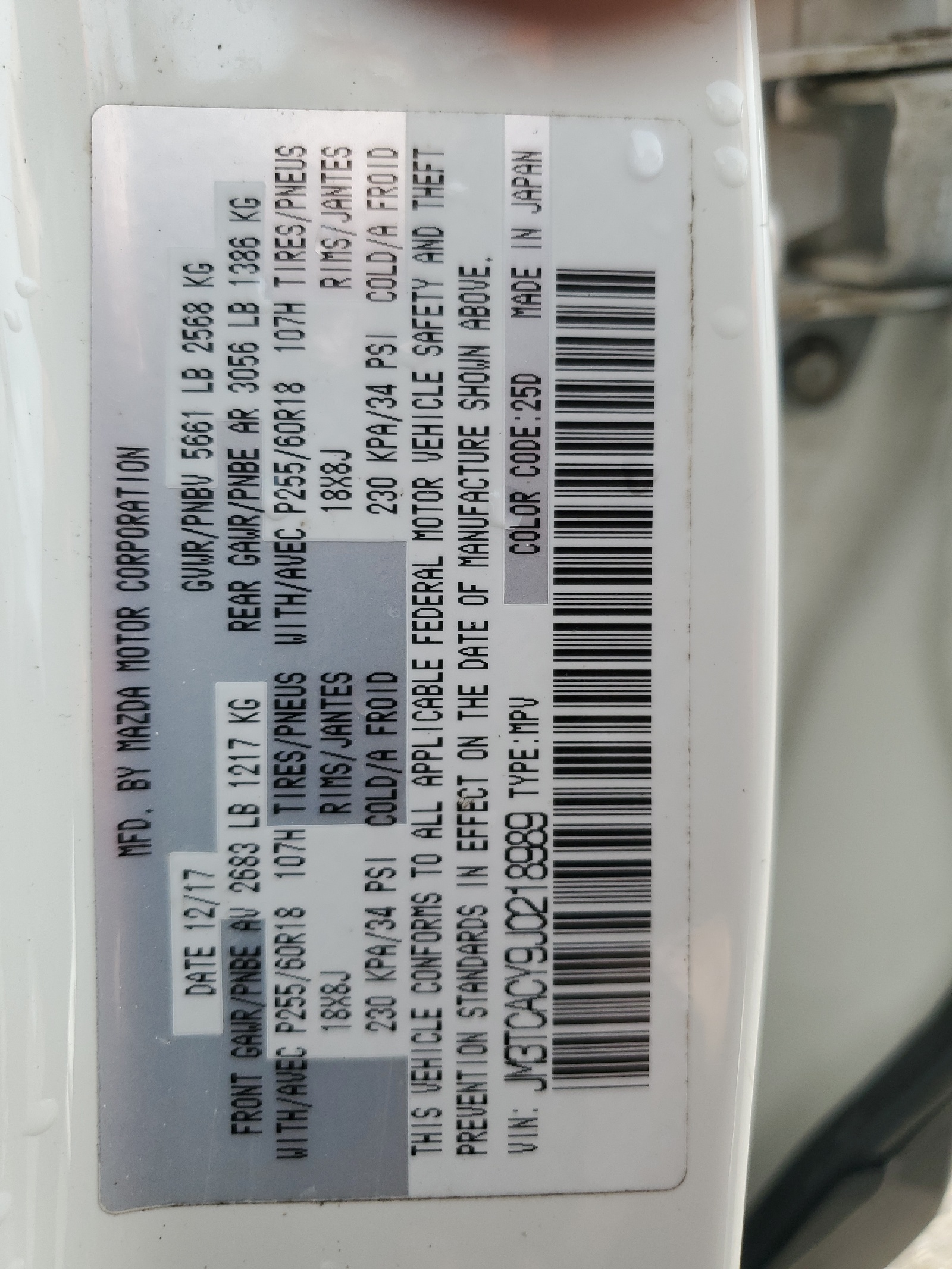 JM3TCACY9J0218989 2018 Mazda Cx-9 Touring