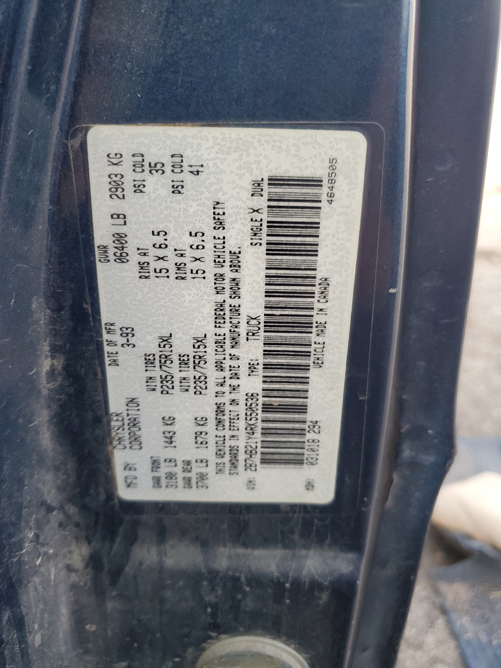 2B7HB21Y4RK550536 1994 Dodge Ram Van B250