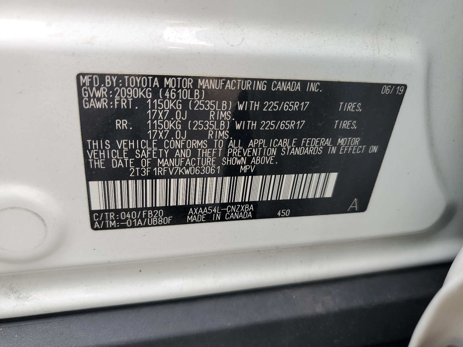 2T3F1RFV7KW063061 2019 Toyota Rav4 Le