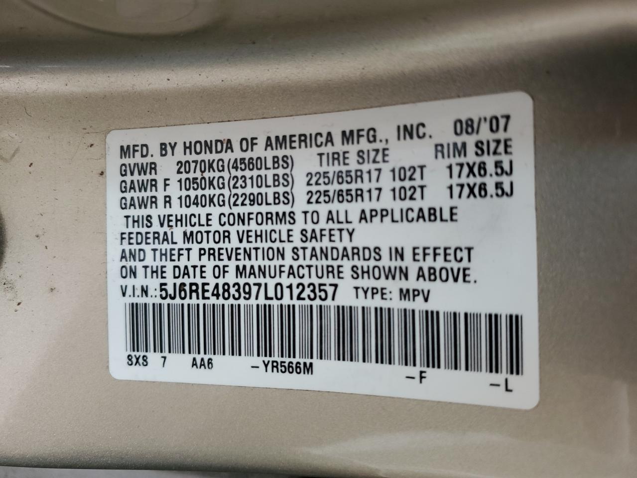 2007 Honda Cr-V Lx VIN: 5J6RE48397L012357 Lot: 65270844