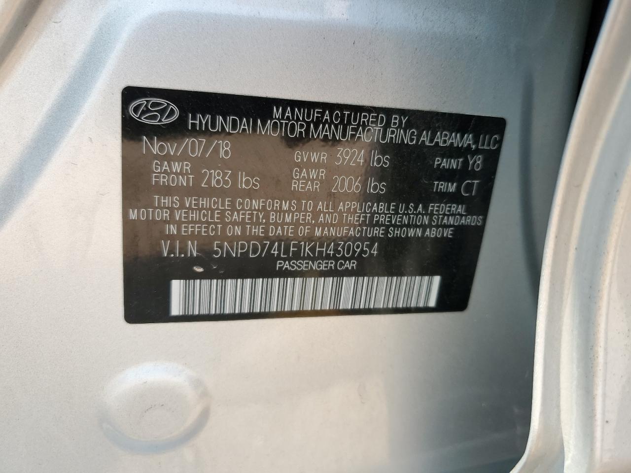 5NPD74LF1KH430954 2019 Hyundai Elantra Se