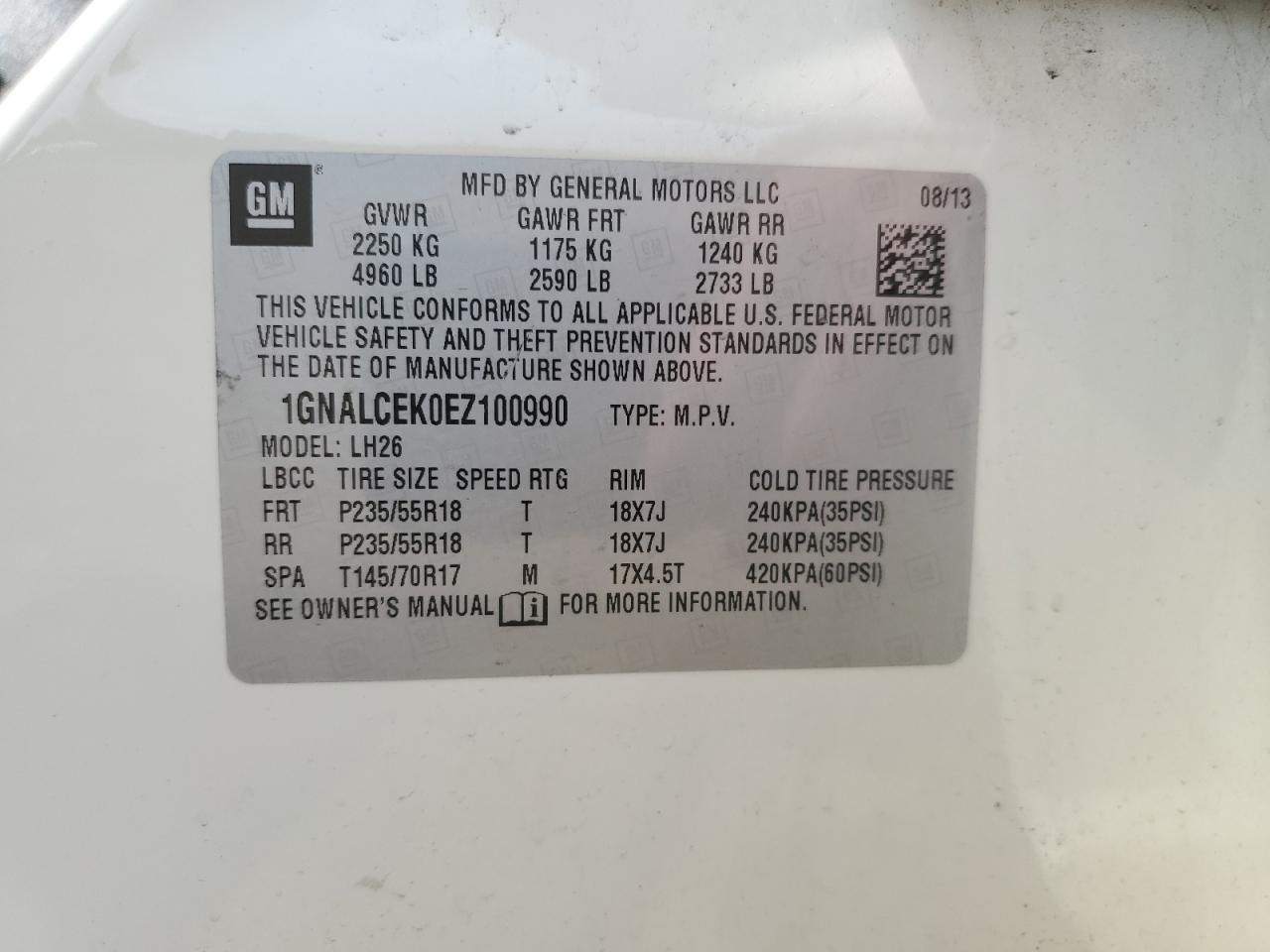 2014 Chevrolet Equinox Lt VIN: 1GNALCEK0EZ100990 Lot: 64716634