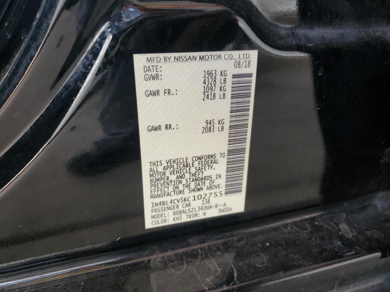 1N4BL4CV5KC102755 2019 Nissan Altima Sr