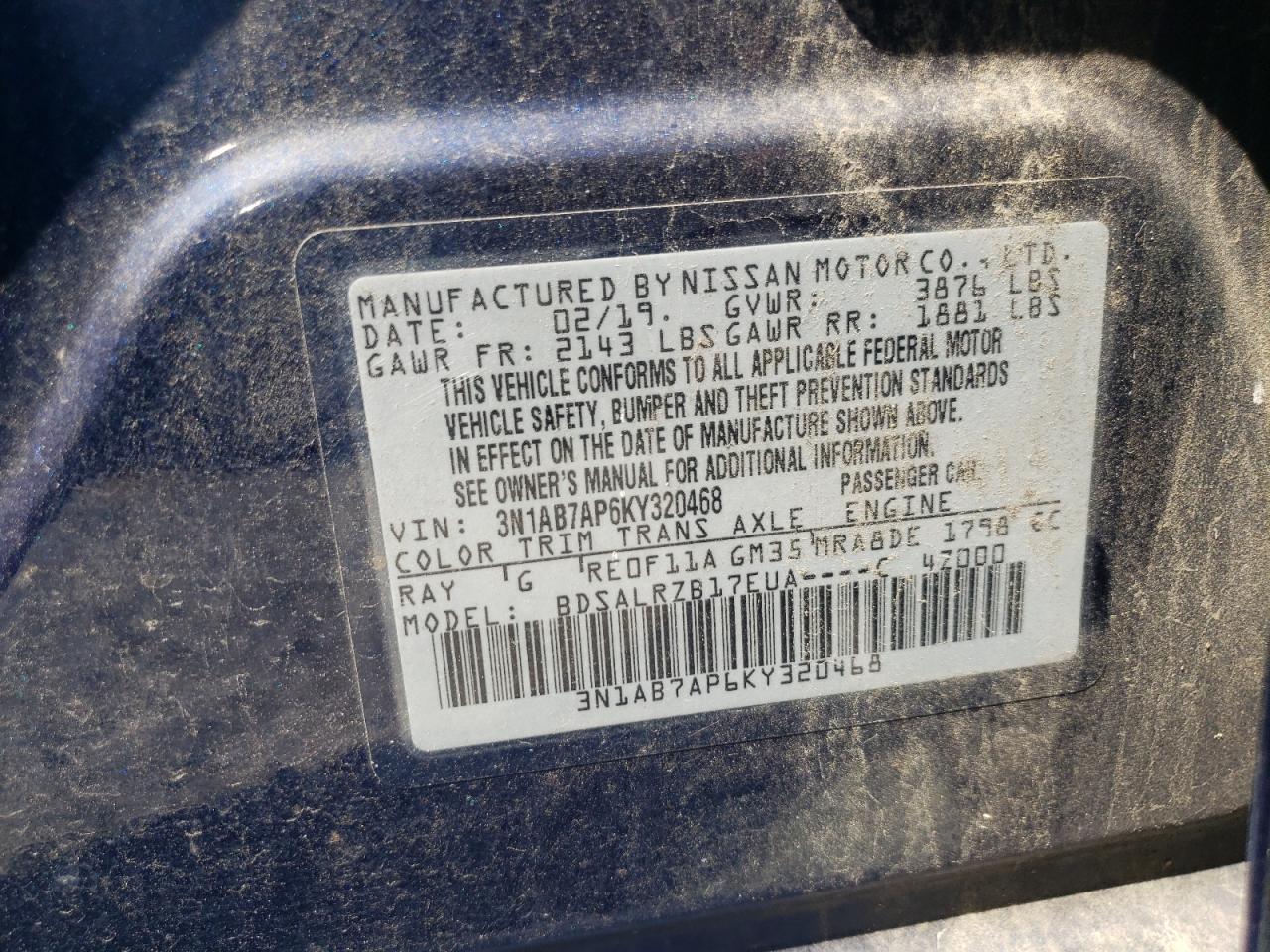 2019 Nissan Sentra S VIN: 3N1AB7AP6KY320468 Lot: 61354564