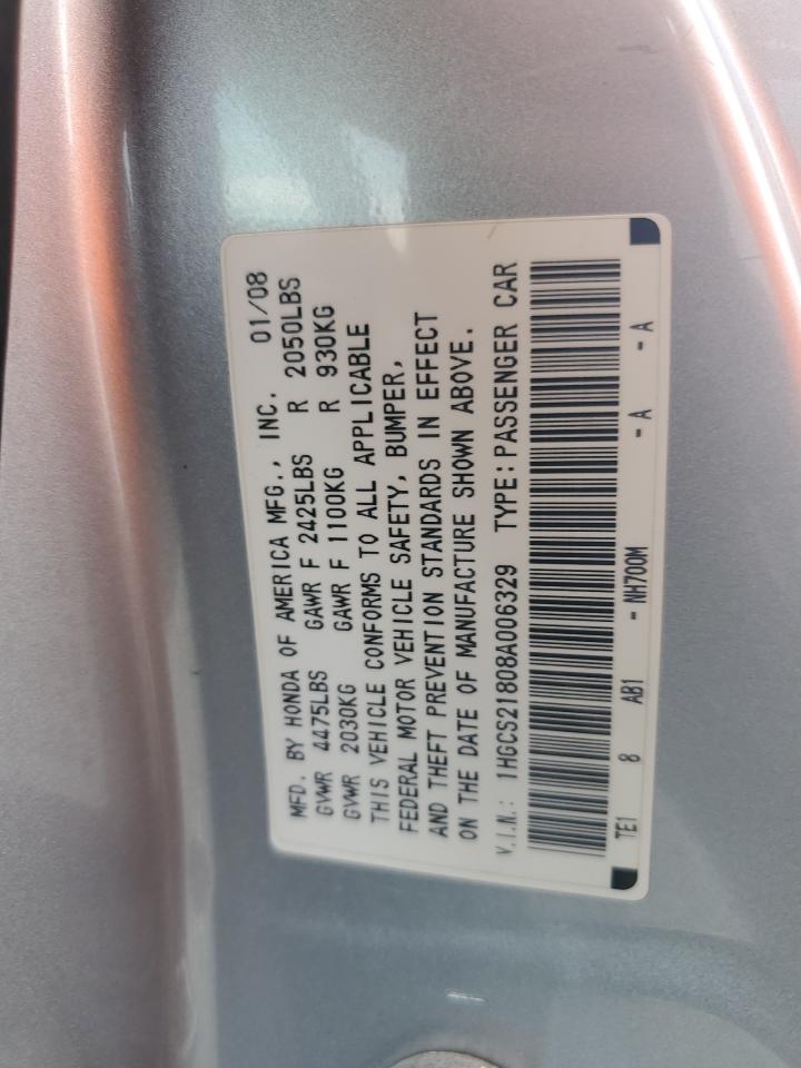 1HGCS21808A006329 2008 Honda Accord Exl