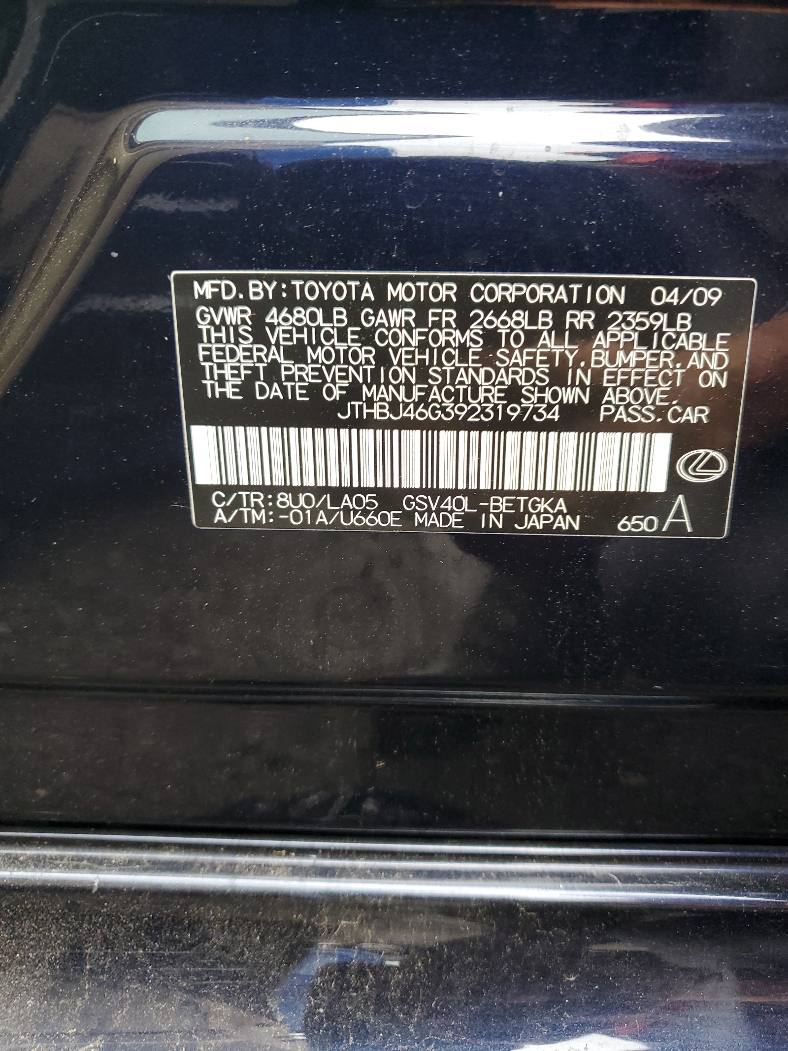 JTHBJ46G392319734 2009 Lexus Es 350