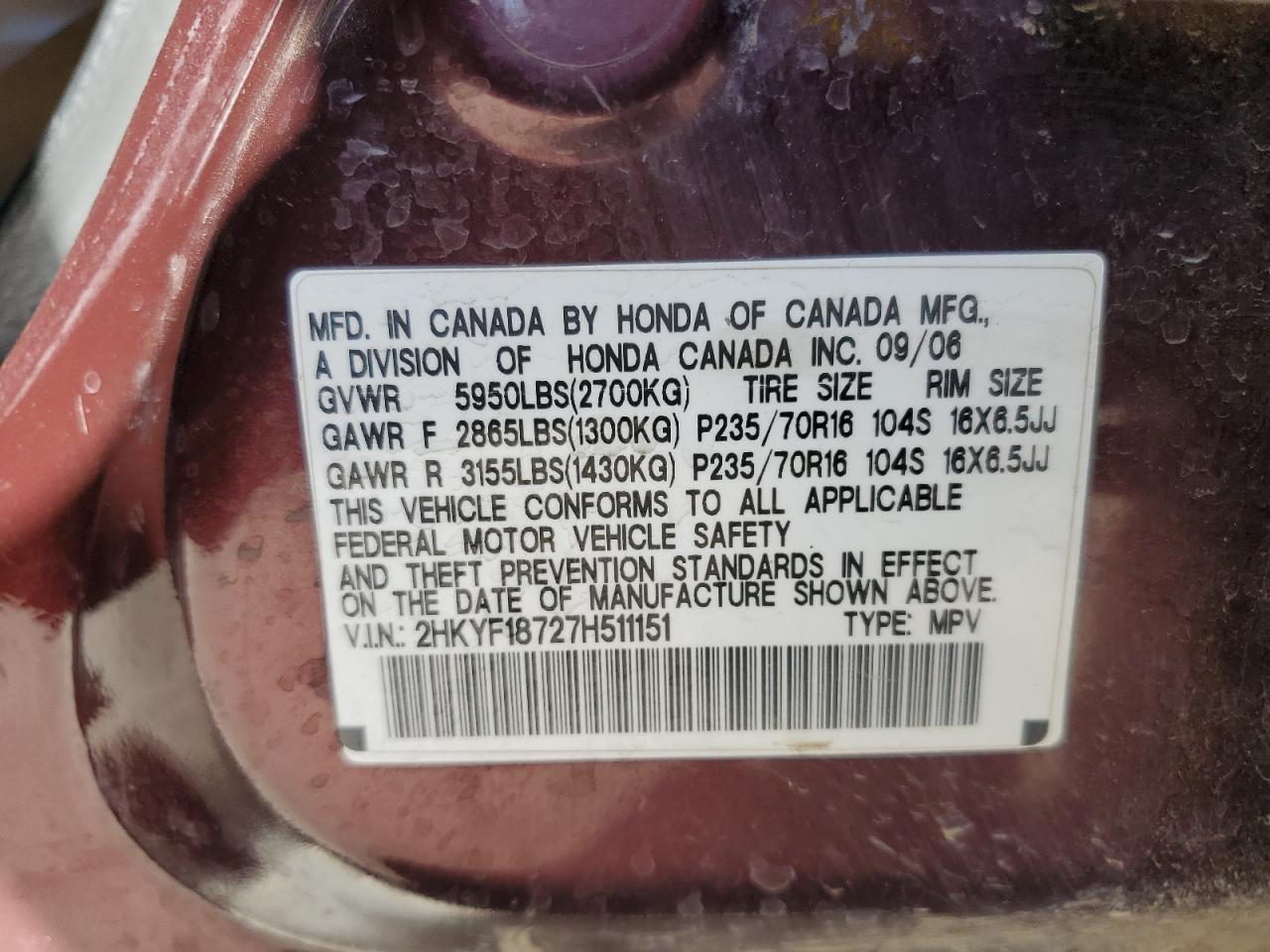 2007 Honda Pilot Exl VIN: 2HKYF18727H511151 Lot: 64119784