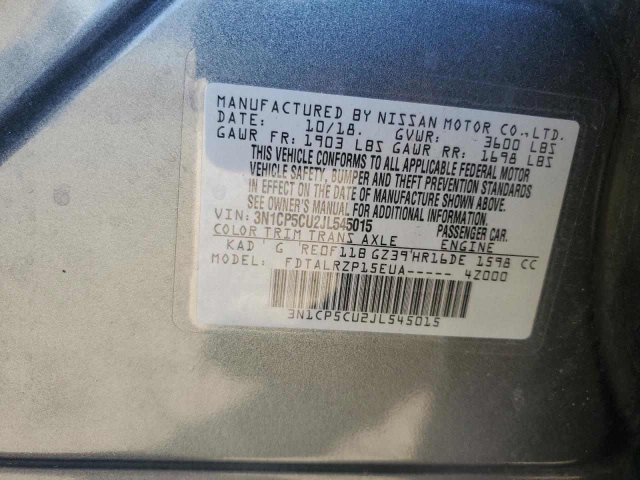 2018 Nissan Kicks S VIN: 3N1CP5CU2JL545015 Lot: 61750014