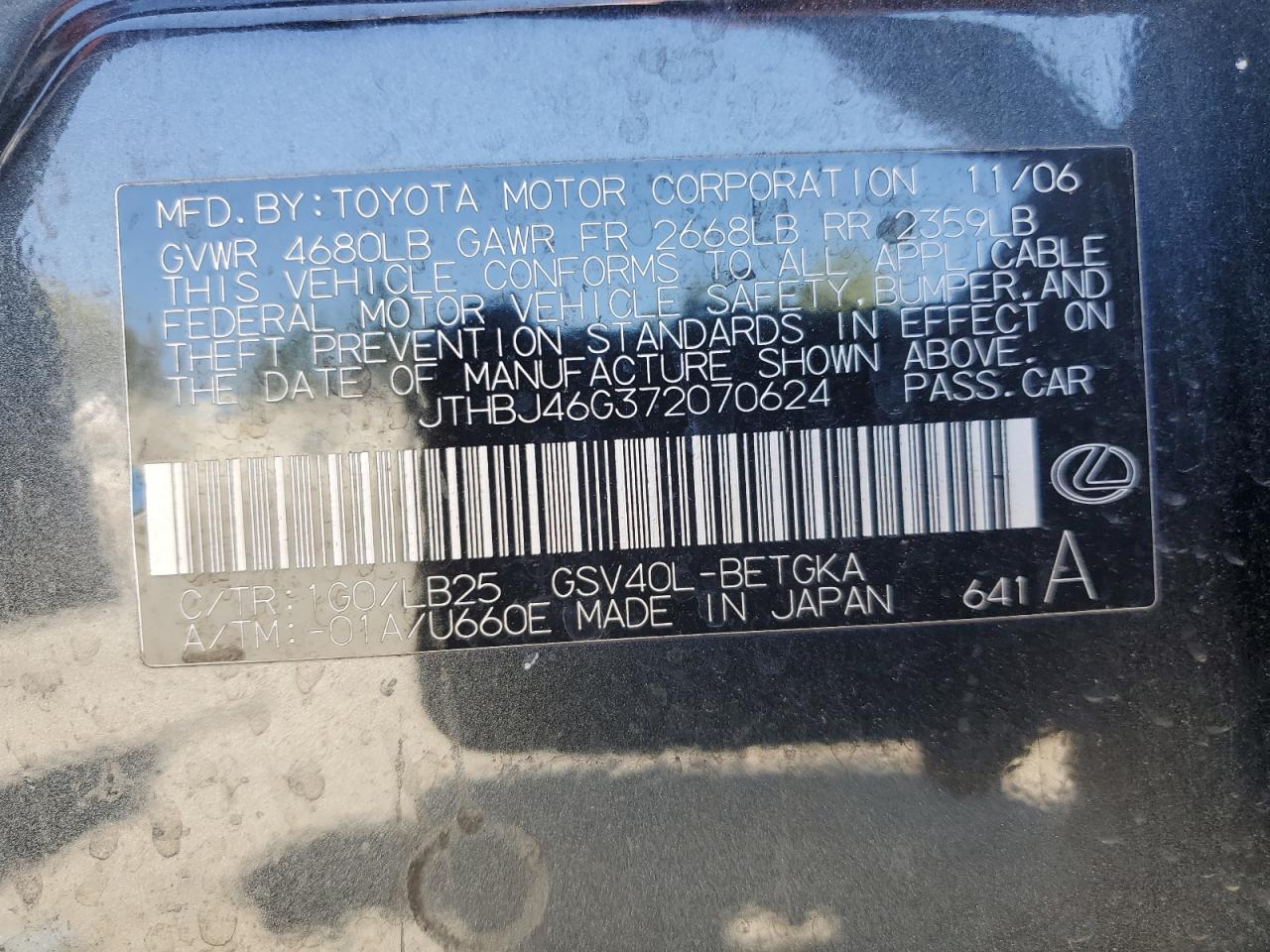 2007 Lexus Es 350 VIN: JTHBJ46G372070624 Lot: 61682544