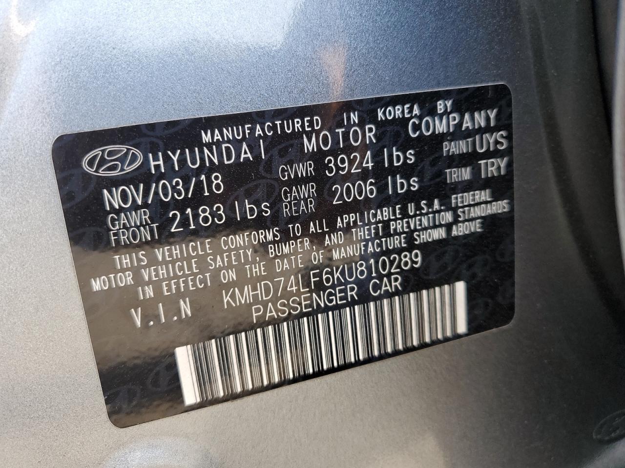 KMHD74LF6KU810289 2019 Hyundai Elantra Se