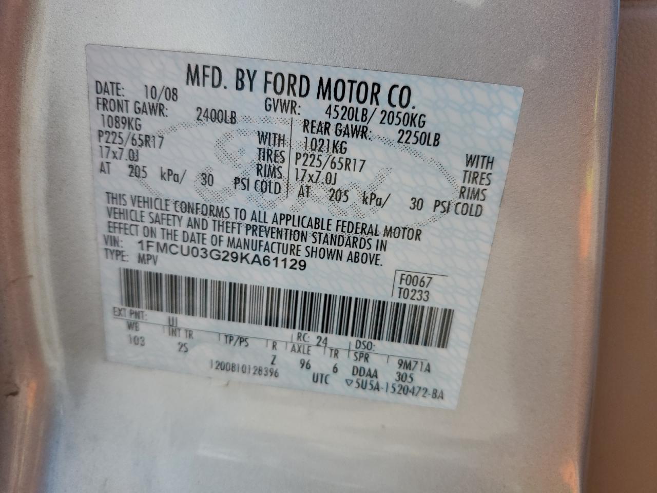 2009 Ford Escape Xlt VIN: 1FMCU03G29KA61129 Lot: 64522474