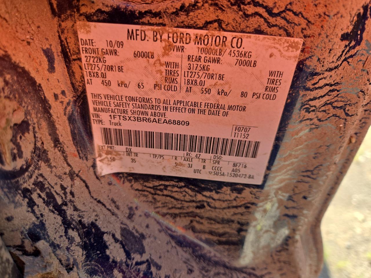 2010 Ford F350 Super Duty VIN: 1FTSX3BR6AEA68809 Lot: 64657884