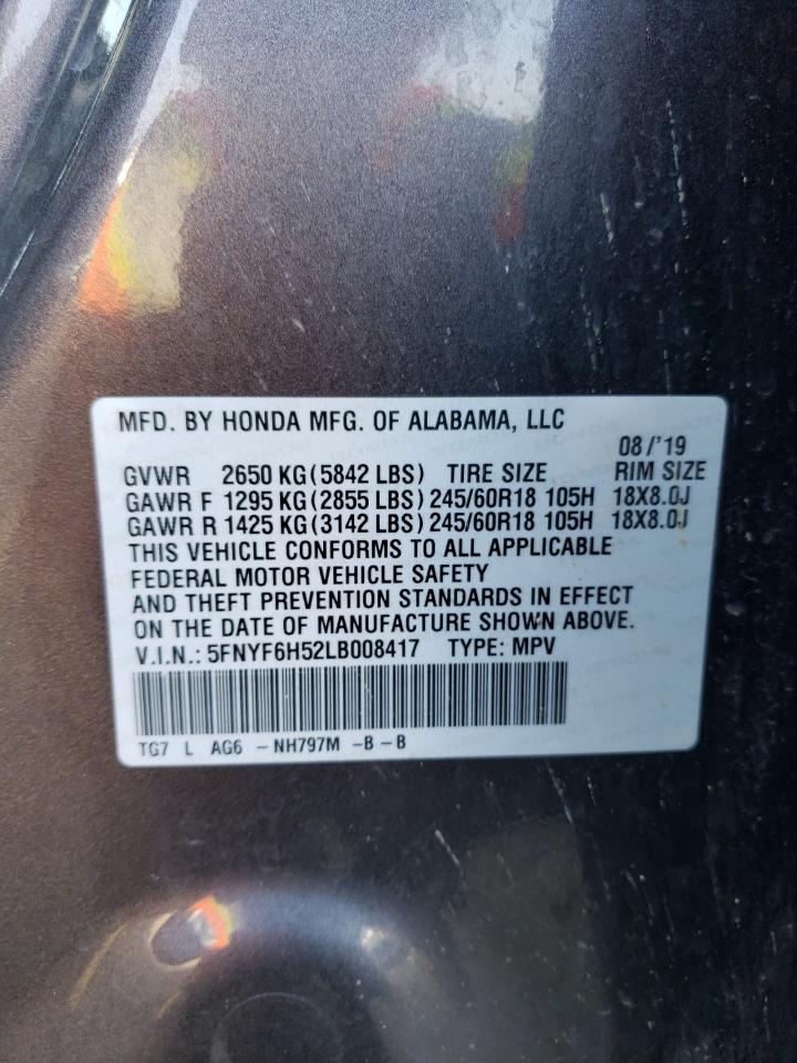 2020 Honda Pilot Exl VIN: 5FNYF6H52LB008417 Lot: 65139404