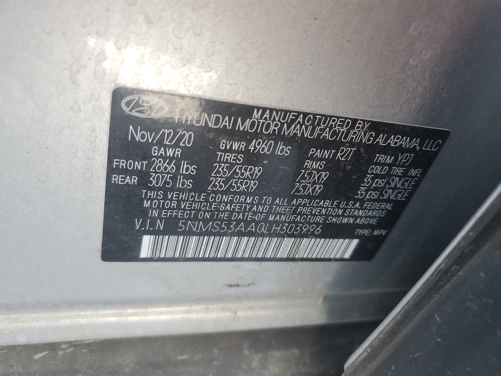 5NMS53AA0LH303996 2020 Hyundai Santa Fe Limited