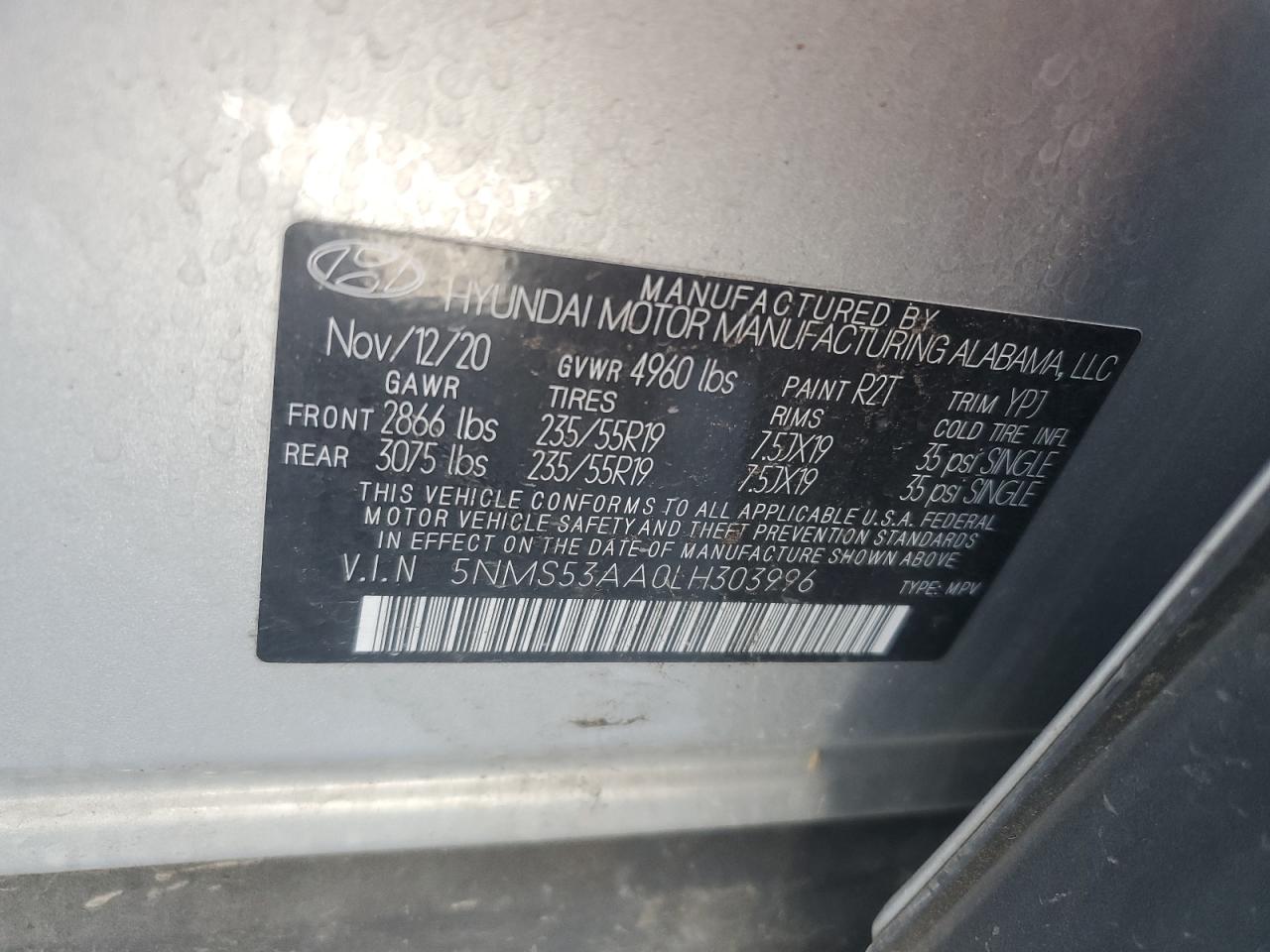 2020 Hyundai Santa Fe Limited VIN: 5NMS53AA0LH303996 Lot: 62631104