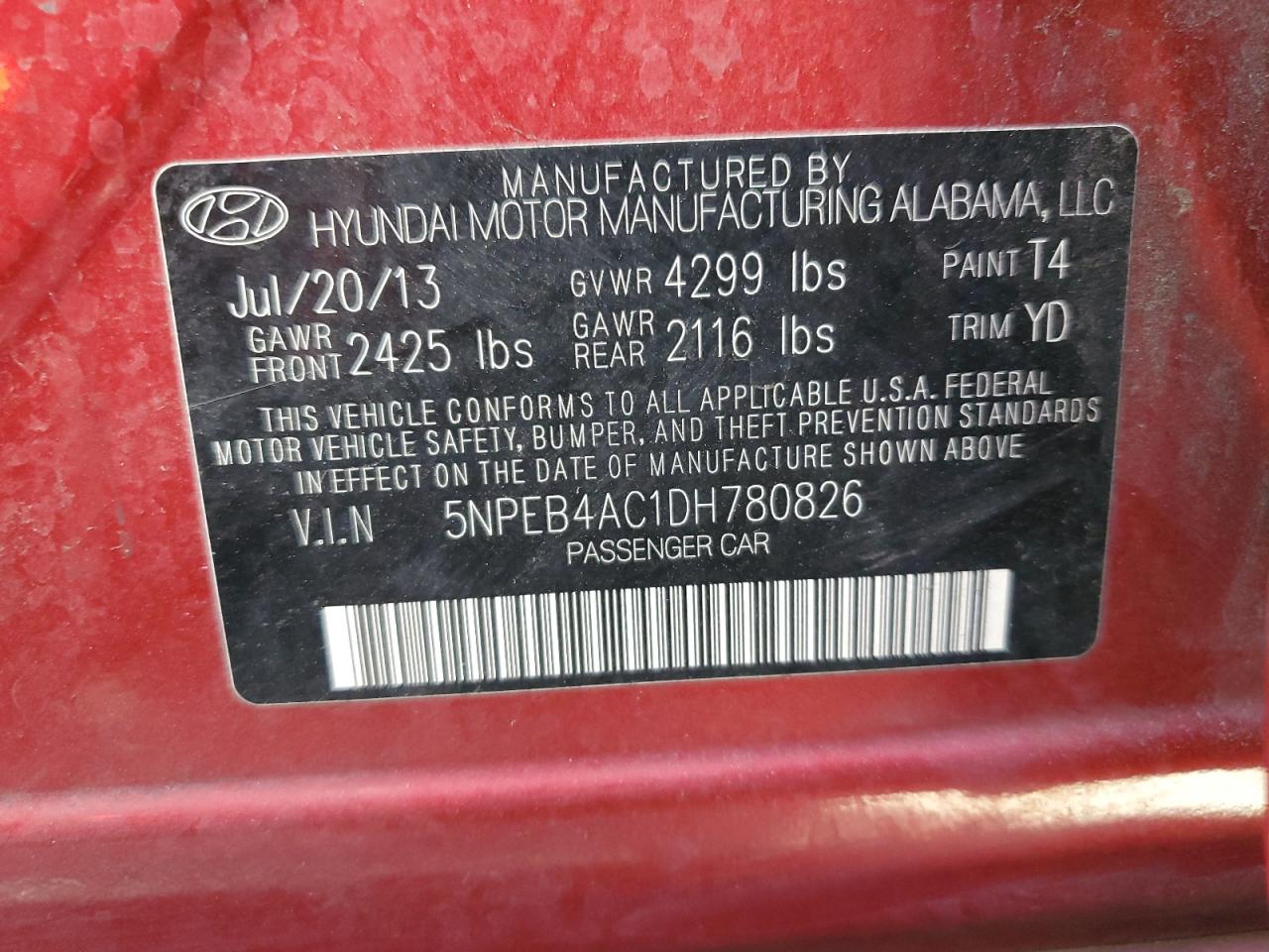 2013 Hyundai Sonata Gls VIN: 5NPEB4AC1DH780826 Lot: 65076404