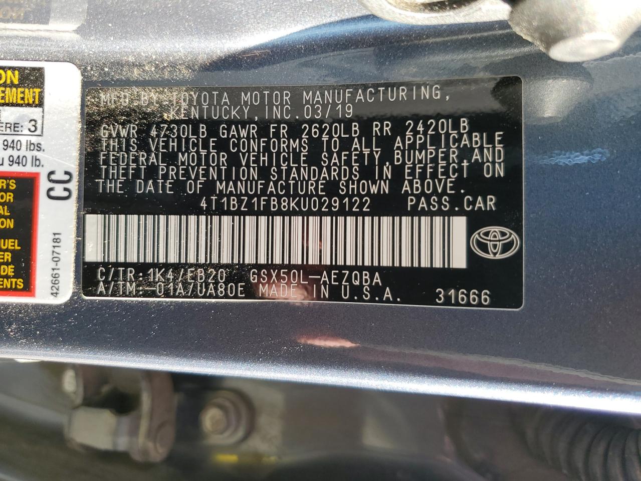 4T1BZ1FB8KU029122 2019 Toyota Avalon Xle