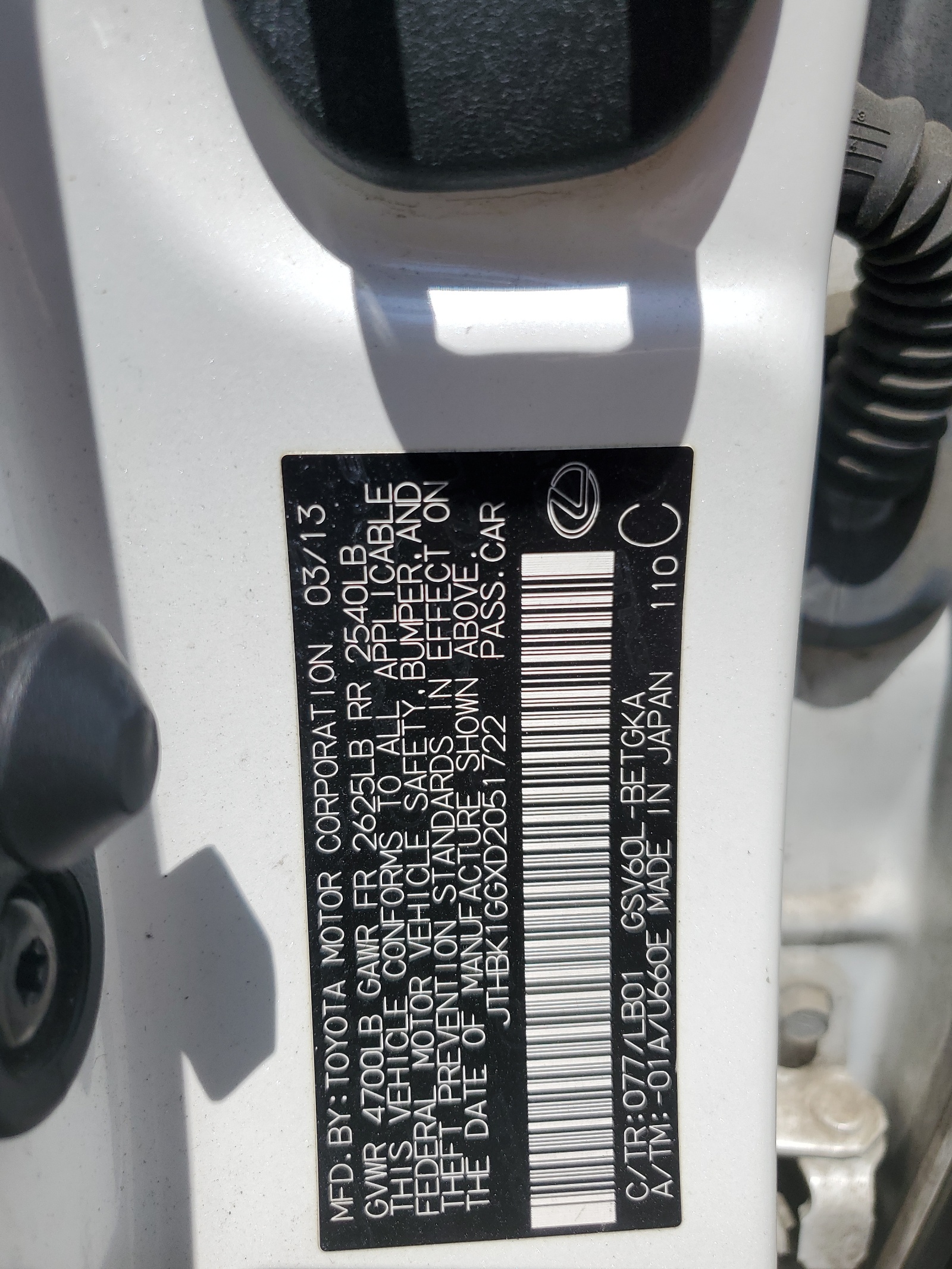 JTHBK1GGXD2051722 2013 Lexus Es 350