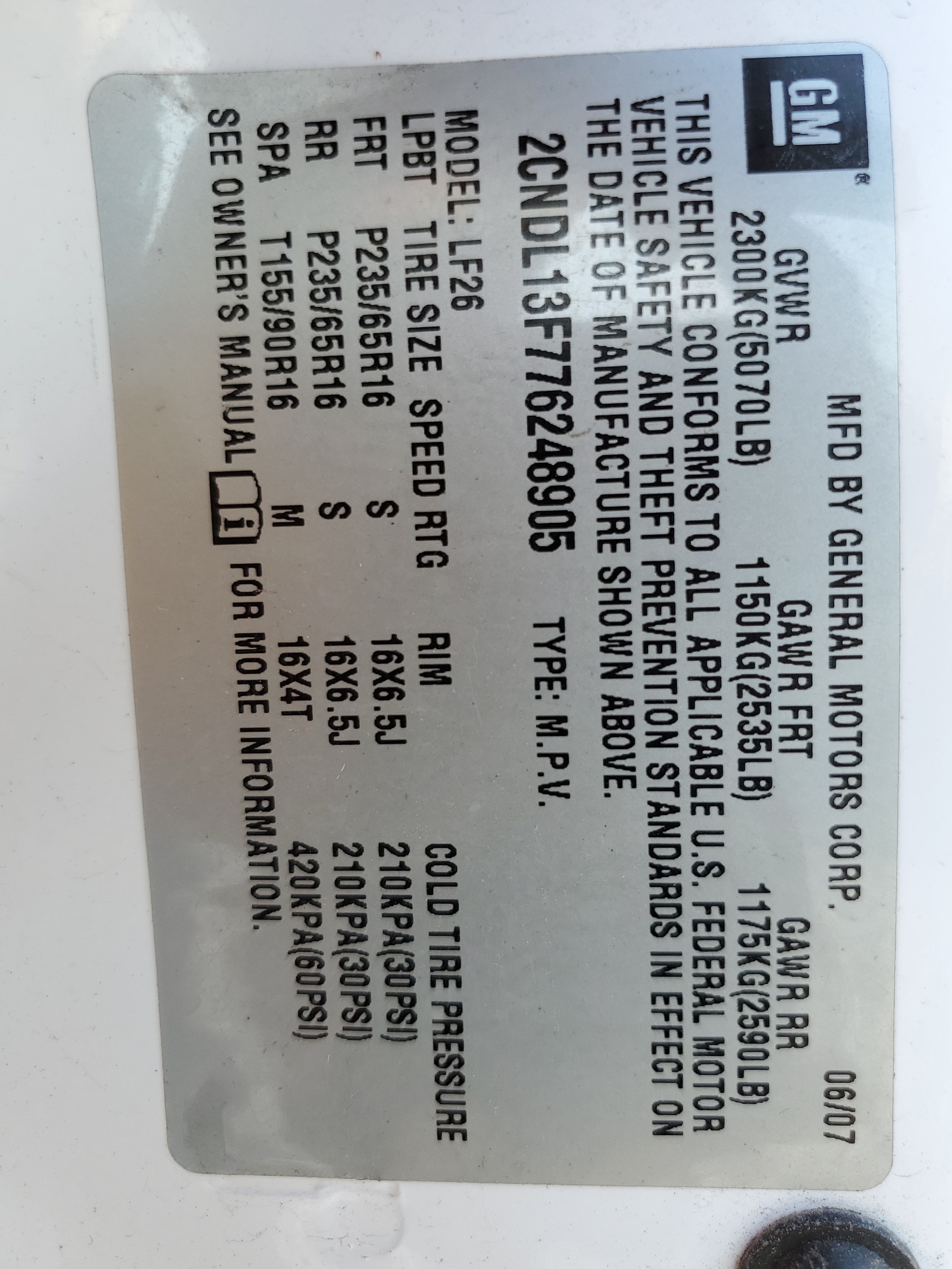 2CNDL13F776248905 2007 Chevrolet Equinox Ls