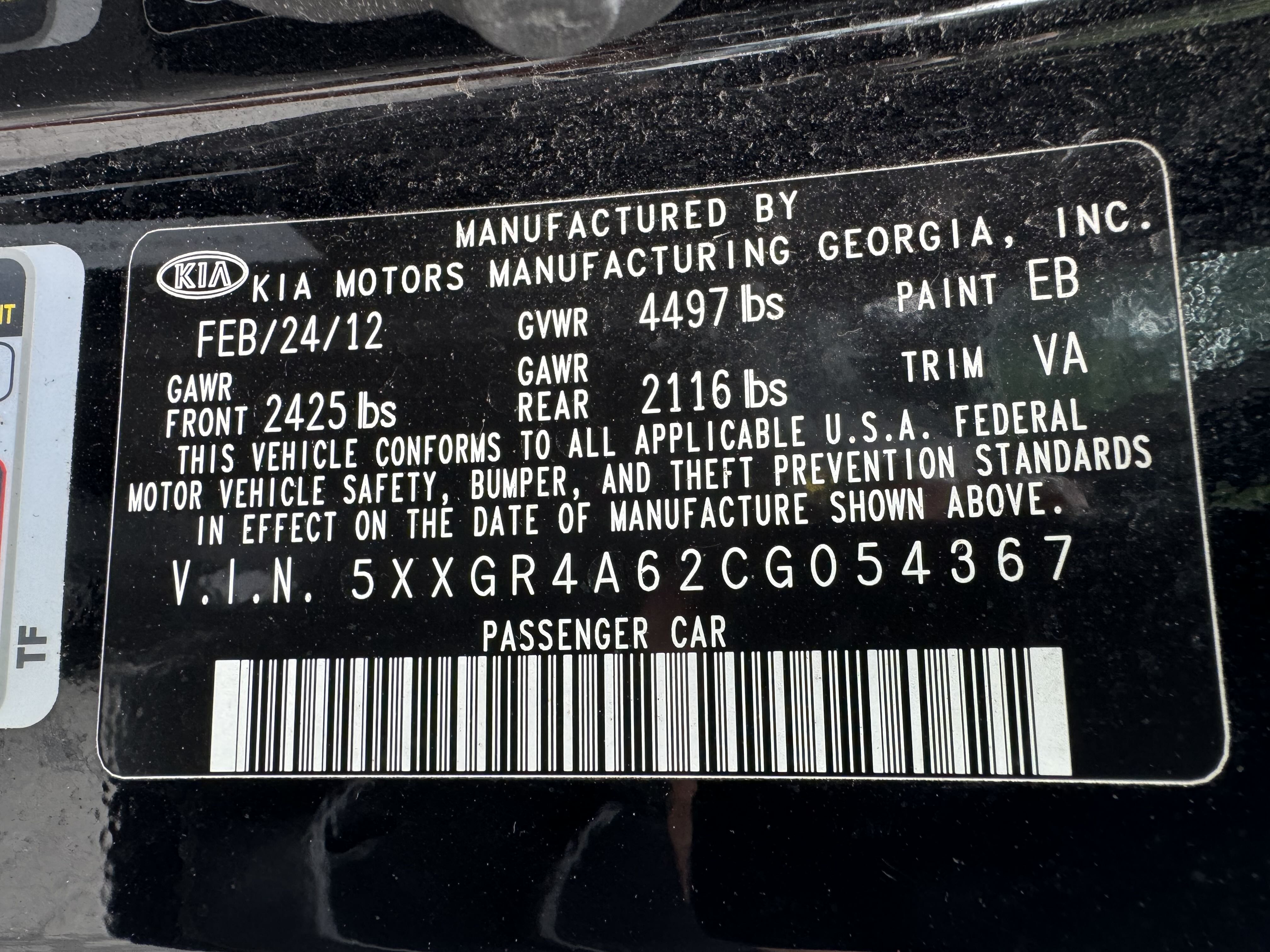 5XXGR4A62CG054367 2012 Kia Optima Sx