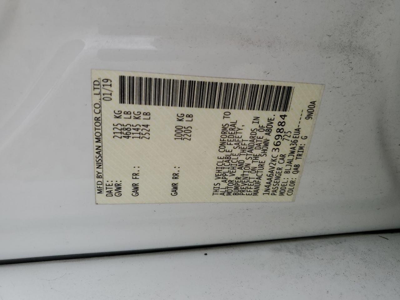 1N4AA6AV2KC369884 2019 Nissan Maxima S