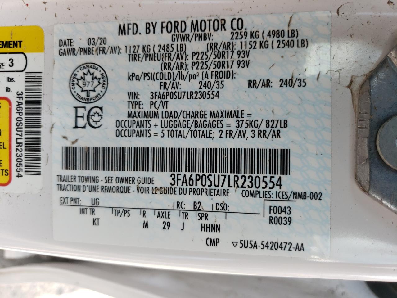 2020 Ford Fusion Titanium VIN: 3FA6P0SU7LR230554 Lot: 64204404