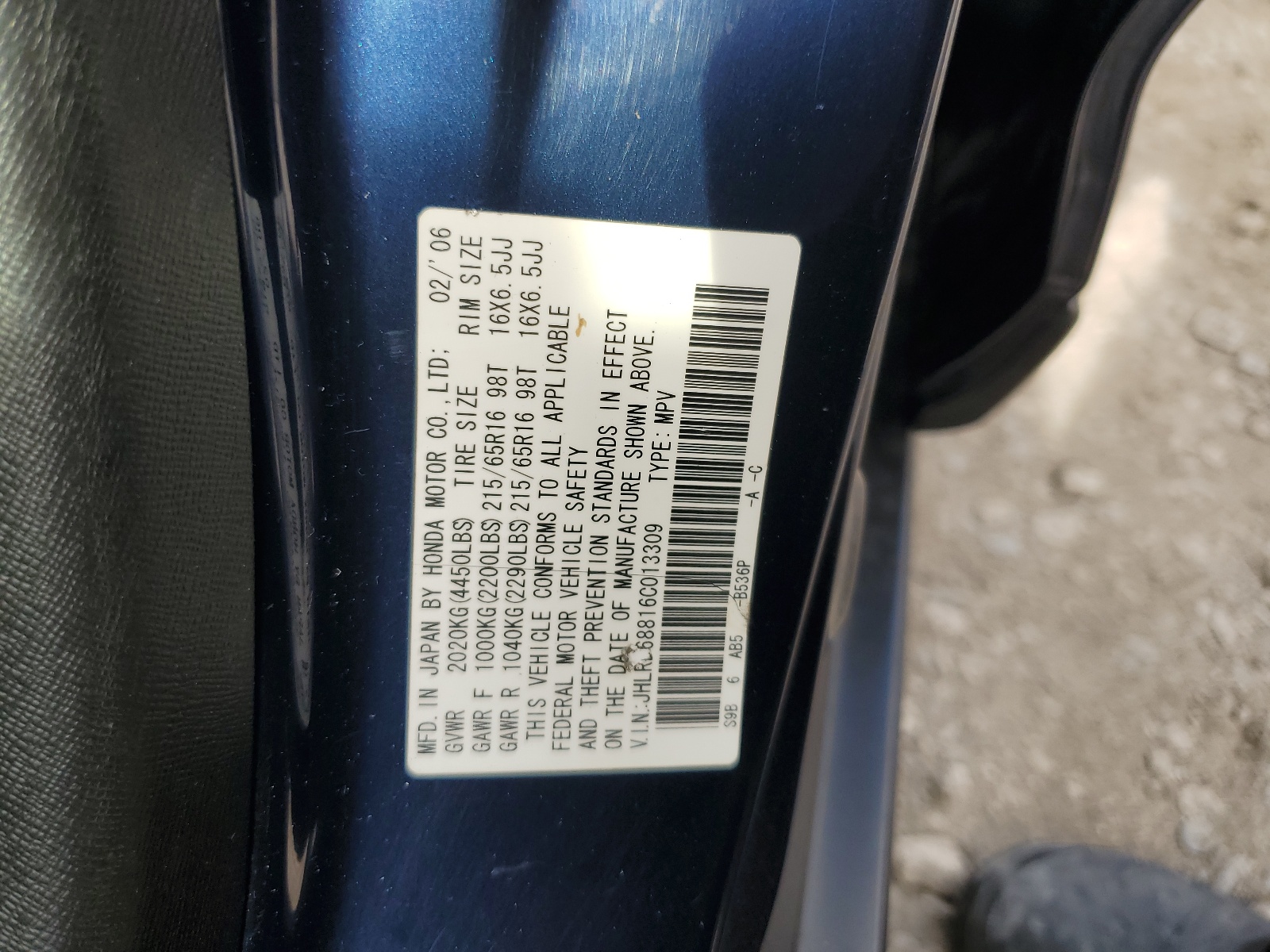 JHLRD68816C013309 2006 Honda Cr-V Ex