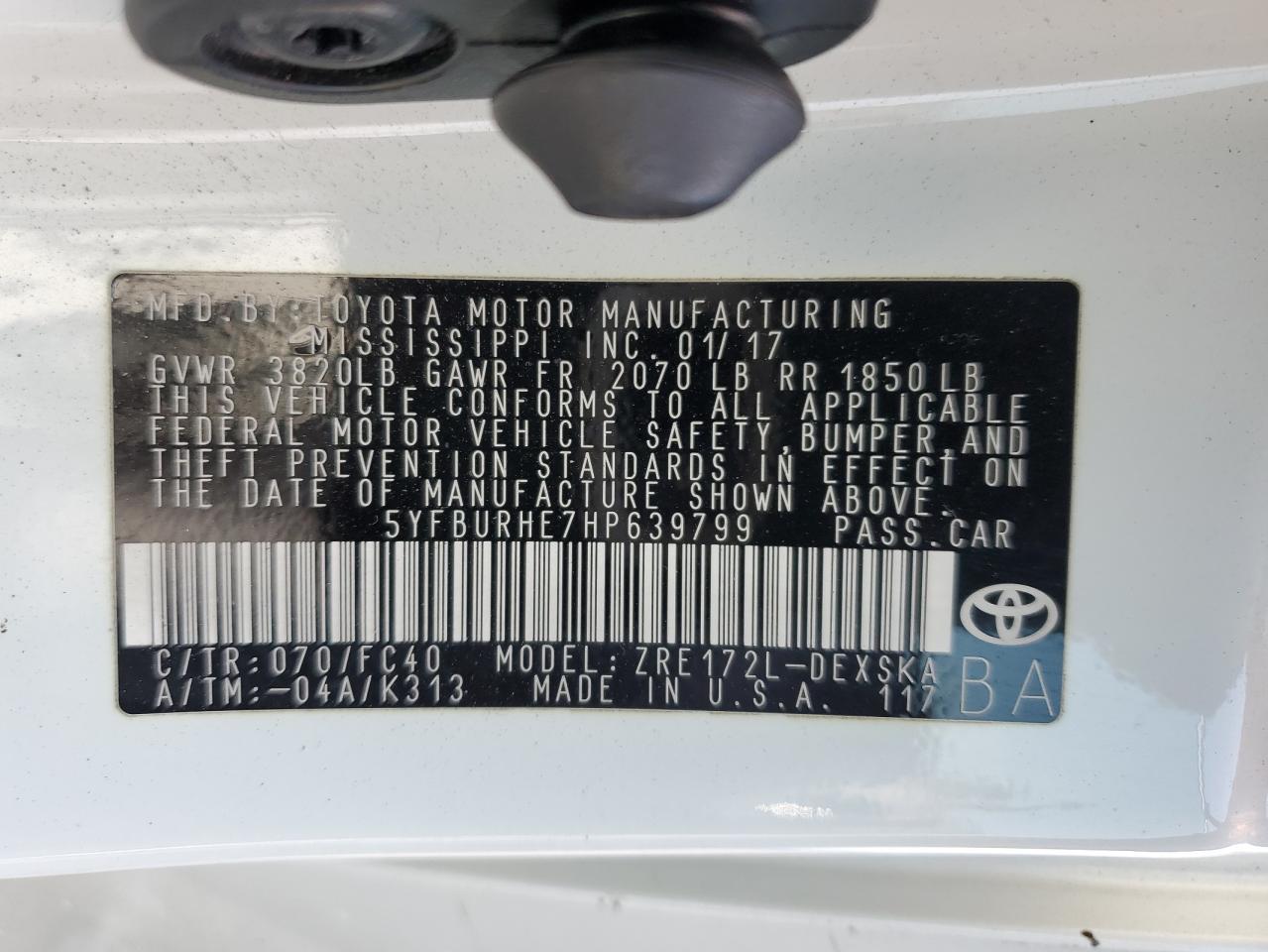 5YFBURHE7HP639799 2017 Toyota Corolla L