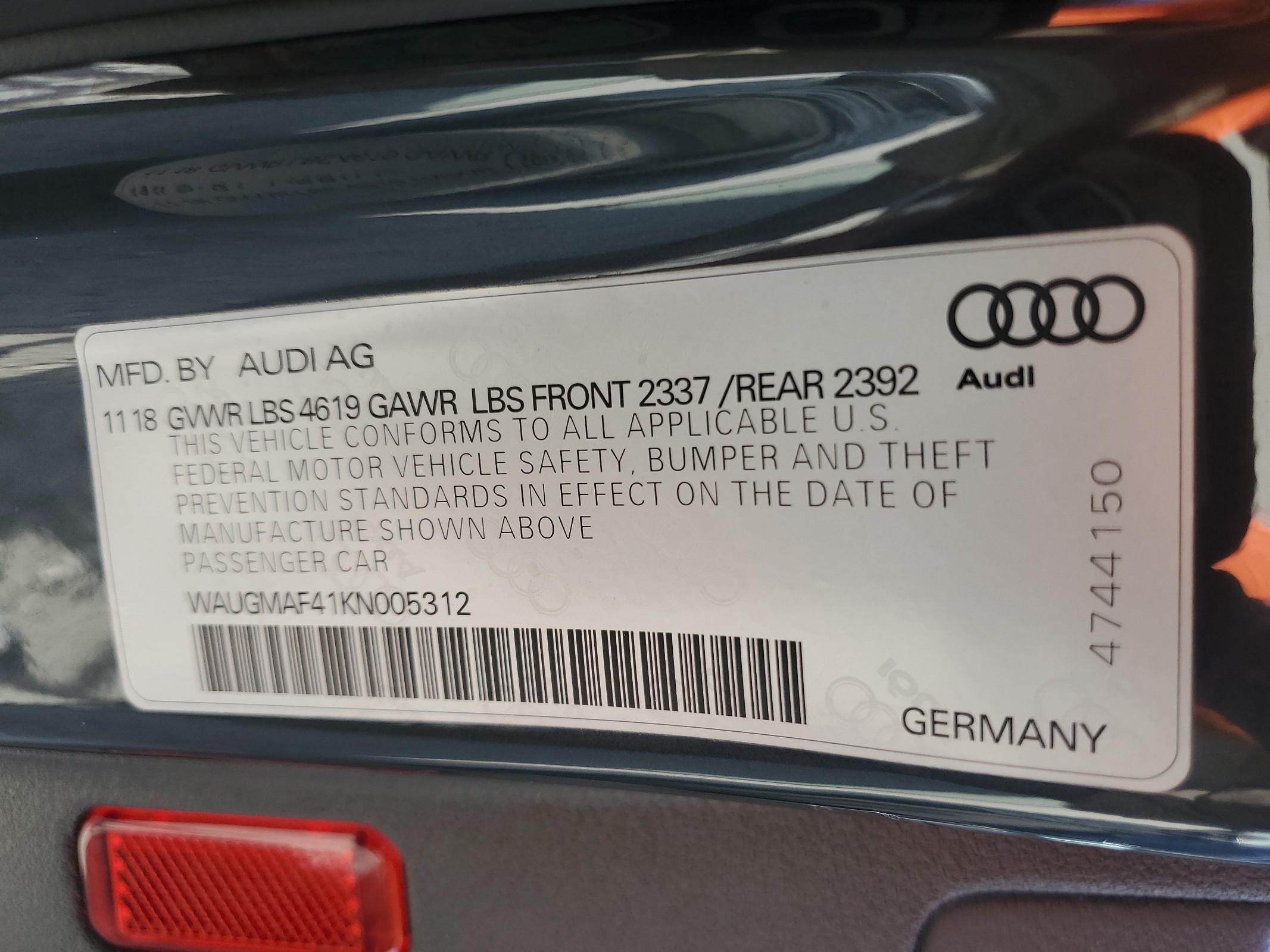 WAUGMAF41KN005312 2019 Audi A4 Premium