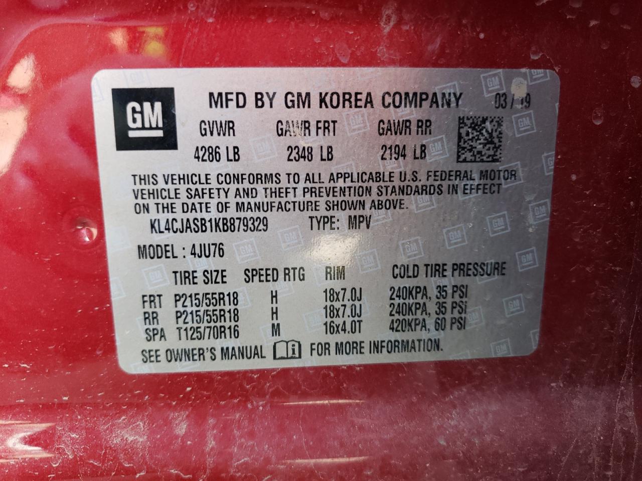 2019 Buick Encore Preferred VIN: KL4CJASB1KB879329 Lot: 64263074