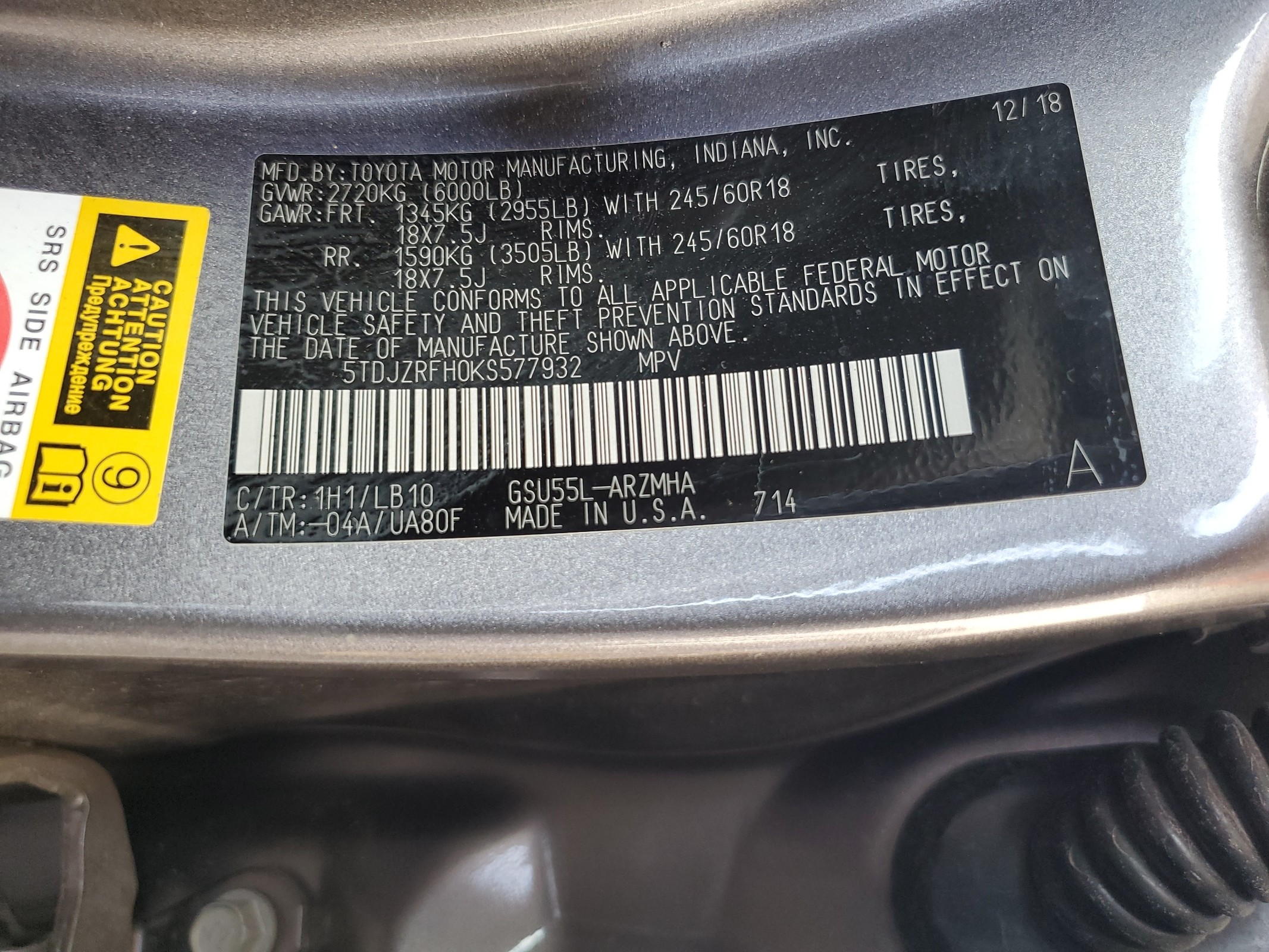 5TDJZRFH0KS577932 2019 Toyota Highlander Se