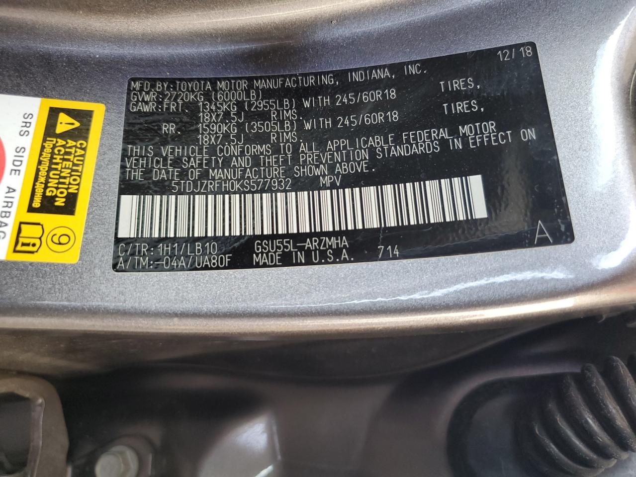 2019 Toyota Highlander Se VIN: 5TDJZRFH0KS577932 Lot: 63325194