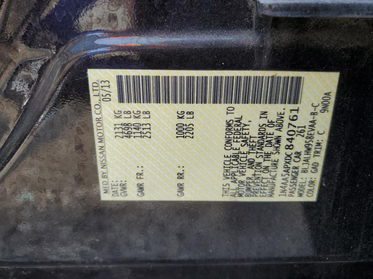 2013 Nissan Maxima S VIN: 1N4AA5APXDC840761 Lot: 64770954