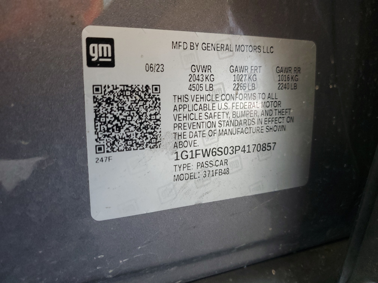 1G1FW6S03P4170857 2023 Chevrolet Bolt Ev 1Lt