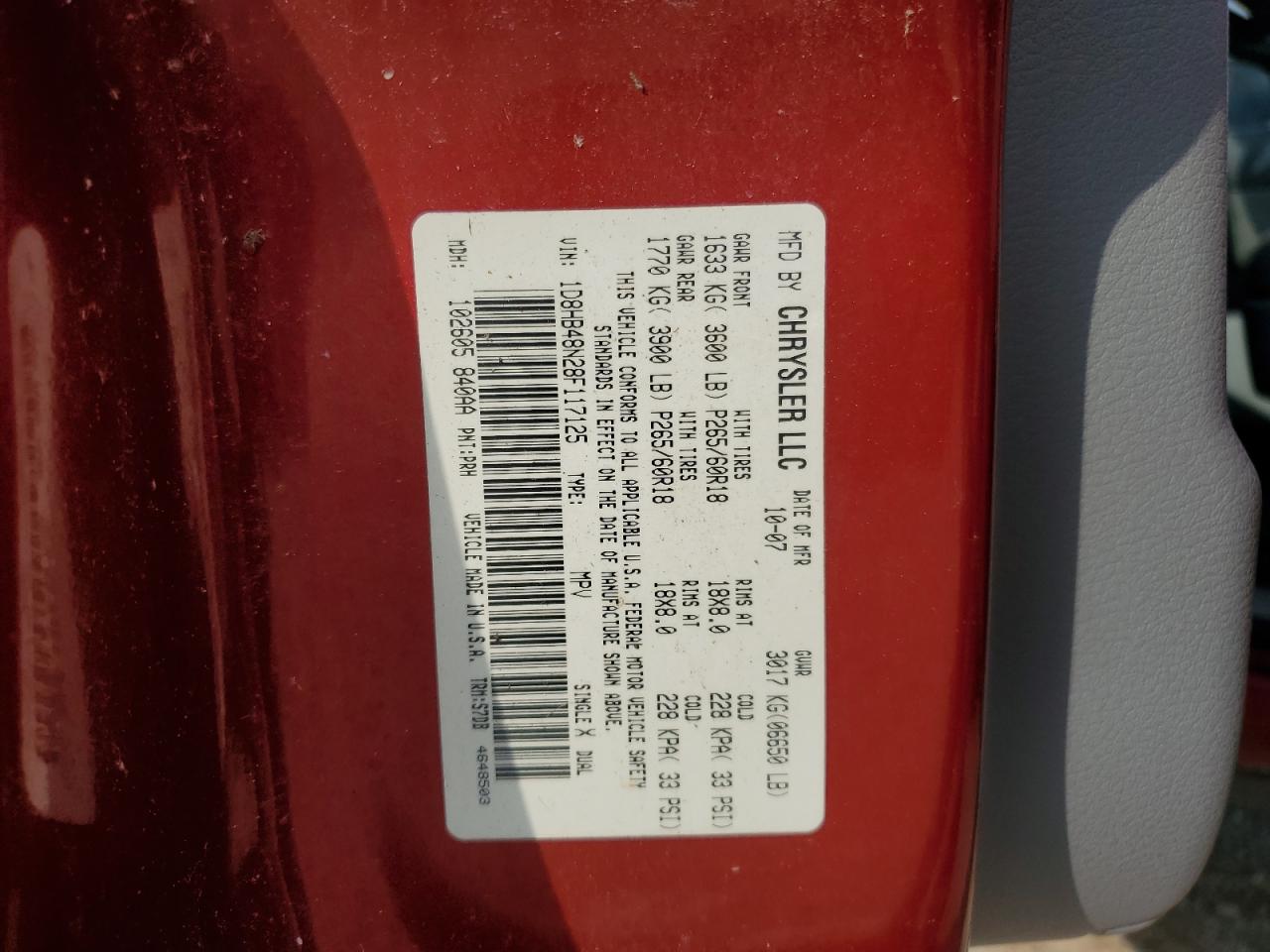 2008 Dodge Durango Slt VIN: 1D8HB48N28F117125 Lot: 65343734